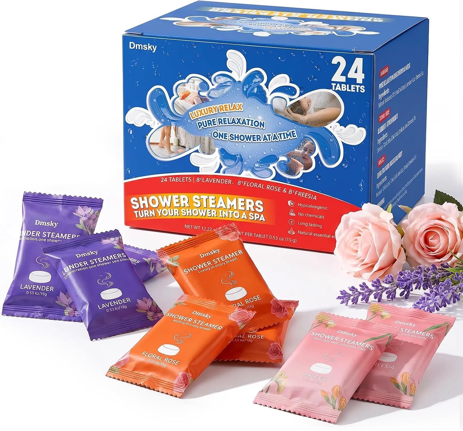 Shower Steamers Aromatherapy 24 Pack,Lavender Rose & Freesia Shower Bombs for Women,Bath Steamers for Shower Spa Relaxation,Self Care Gifts for Women,Birthday Christmas Stocking,Individual Package