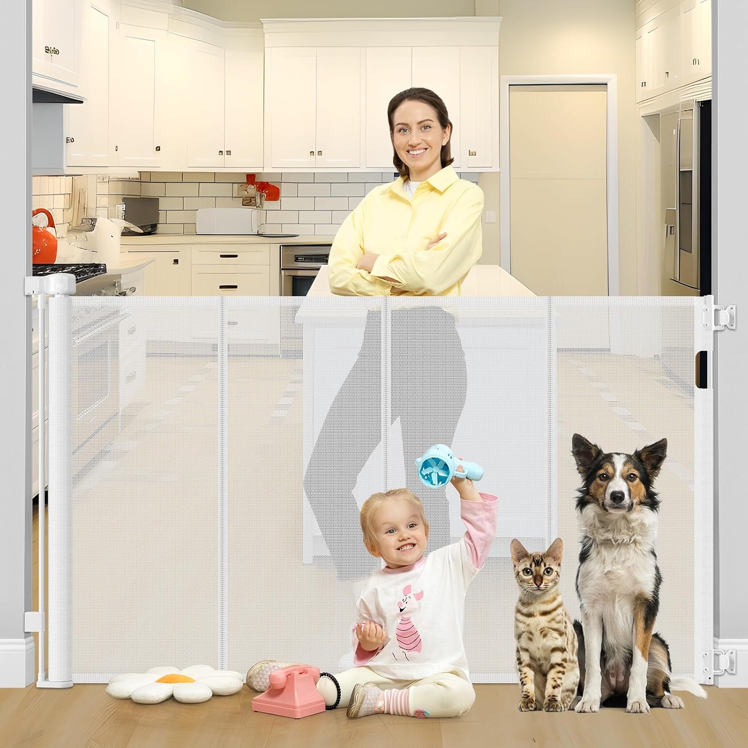 Reinforced 42″ Tall X 80″ Wide Retractable Baby Gate for Doorway 3.5ft Extra Tall Cat Gate for Stairs Indoor Retractable Baby Gates Extra Wide with Reinforced Bar Mesh Gates for Kids or Pets, White