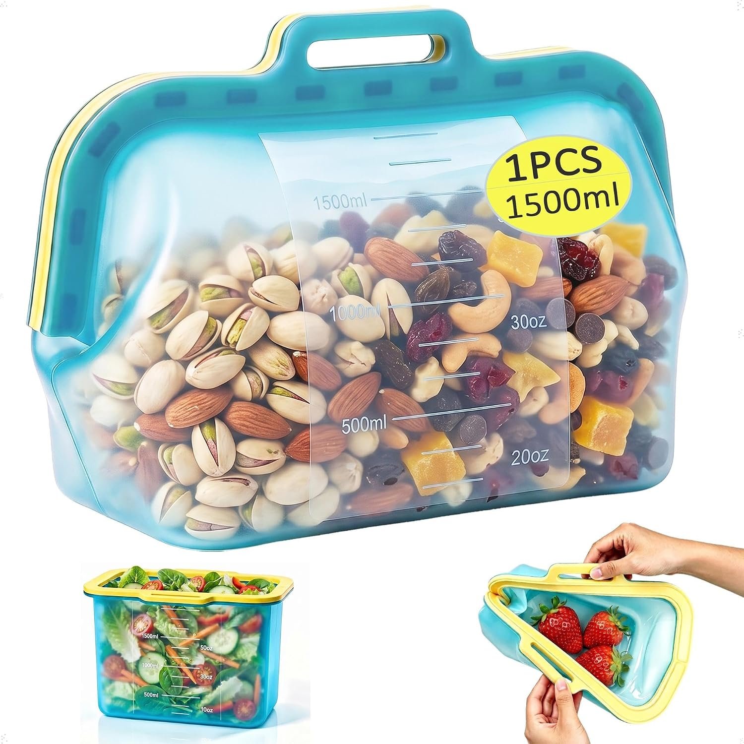 Reusable Silicone Food Storage Bags, No Harsh Smells, 6-Cup / 50 oz Stand-Up Pouch with Auto-Closing Magnetic Seal, for Lunch, Fruit, Meal Prep, School & Office, Dishwasher & Freezer Safe (1 Pack)