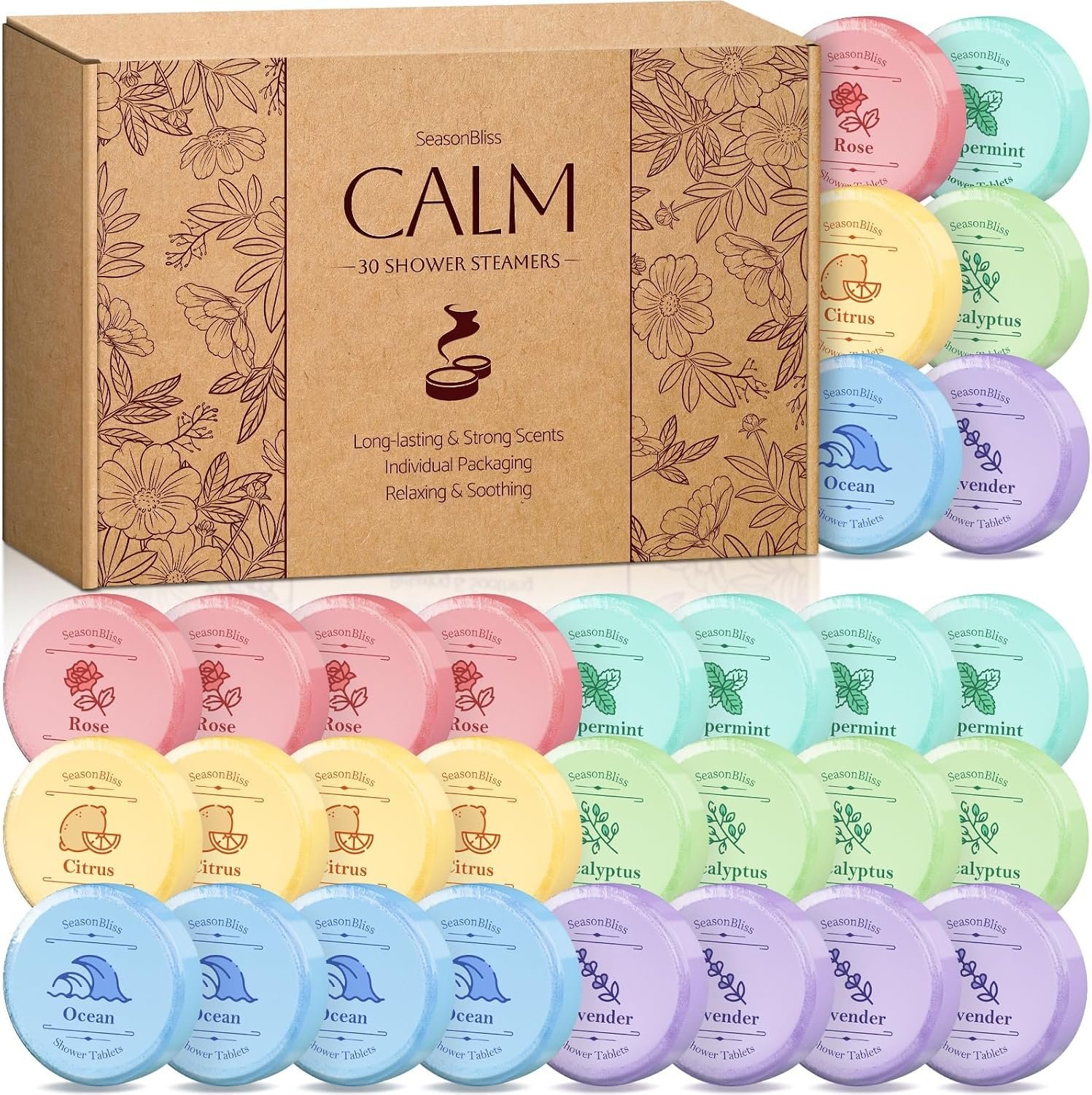 SeasonBliss Shower Steamers 30 PCS with 6 Scents, Shower Bombs for Women