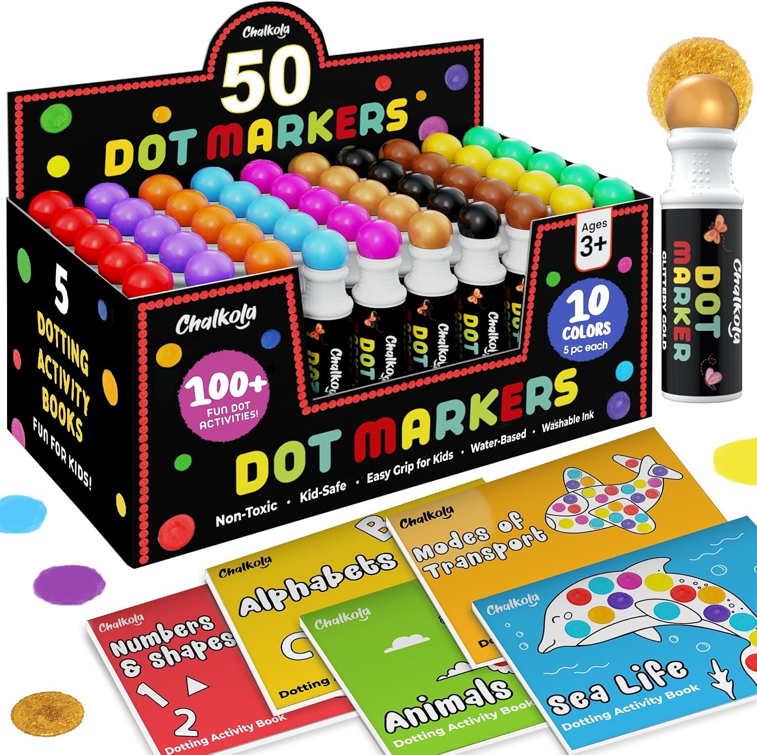 Chalkola 50 Washable Dot Markers Bulk Classroom Pack for Kids & Toddlers