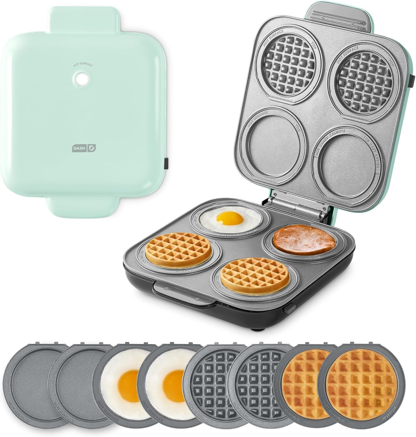 Dash MultiMaker® Family Mini Maker System – Dual Ceramic Nonstick Cooking Surfaces – Built-In Cord Wrap – Makes 4-Inch Waffles – Aqua, 8 Plates