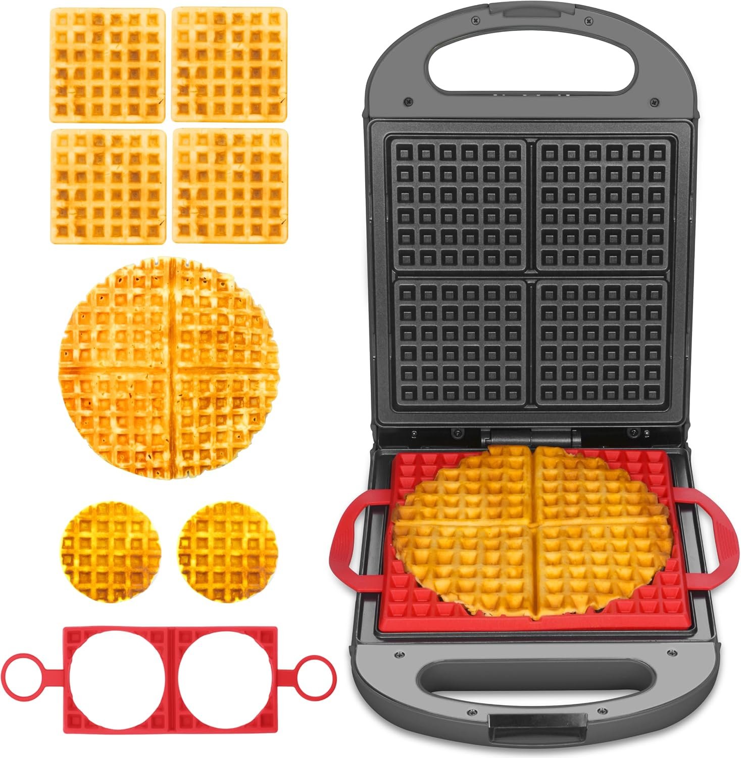 Baker’s Friend Multi Shapes Waffle Iron, A Combo of Mini Waffle Maker, American Classic Waffle Maker, Belgian Waffle Machine Thick & Chaffle Maker, Waflera Electrica, With 2 Silicone Molds, Graphite
