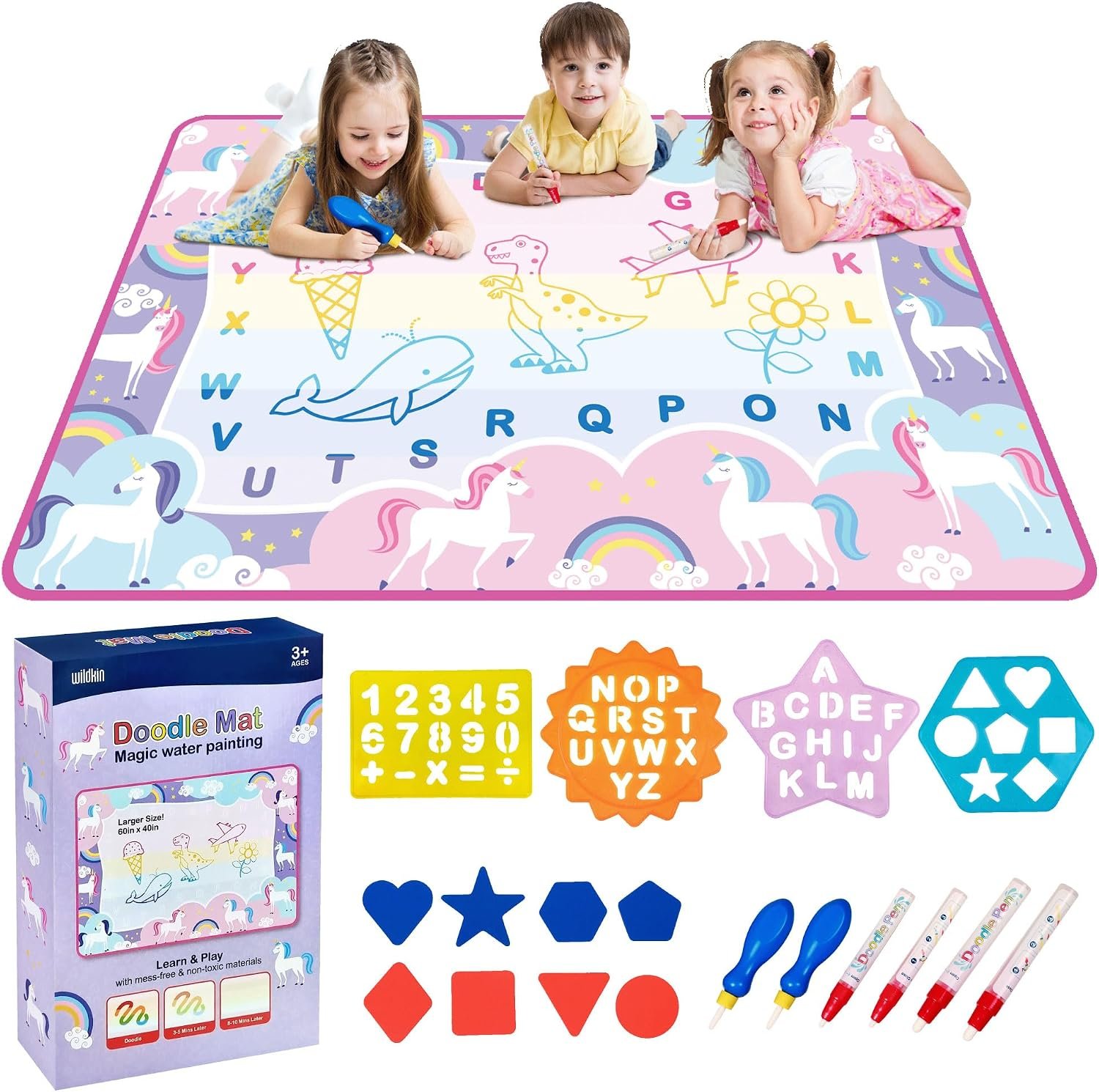 Wildkin Doodle Mat – Extra Large 60 x 42 Inch Water Drawing Mat for Kids, Educational Learning Toy with Letters & Numbers, Mess-Free Coloring for Toddlers & Preschoolers (Unicorn Rainbows)