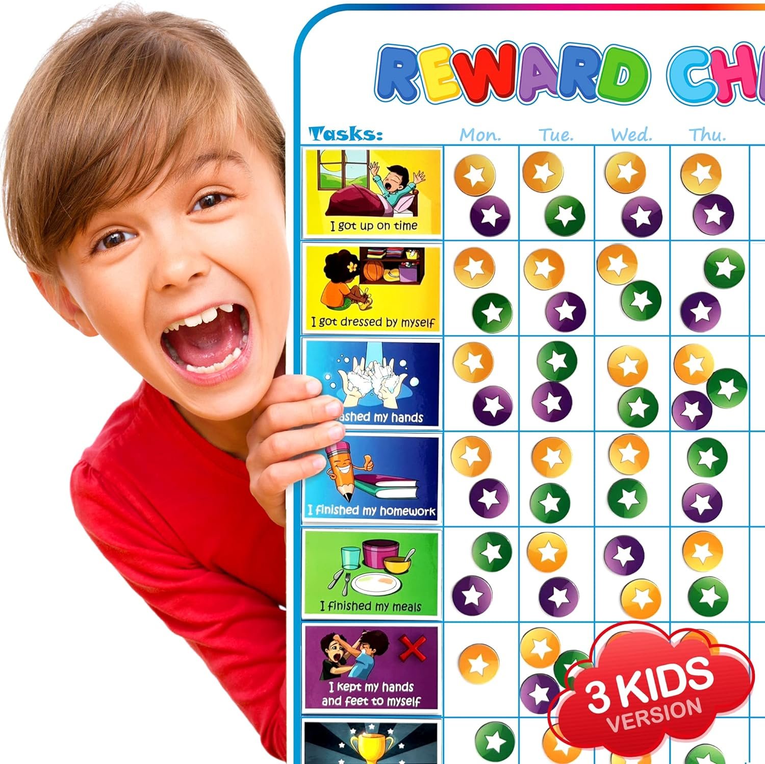 Large Magnetic Reward Chart for Multiple Kids (1-3 Kids) – 127 Pre-Written Stickers (Including Potty Training) + 30 Custom Chores – Behavior, Responsibility & Incentive Star Chart for Your Fridge