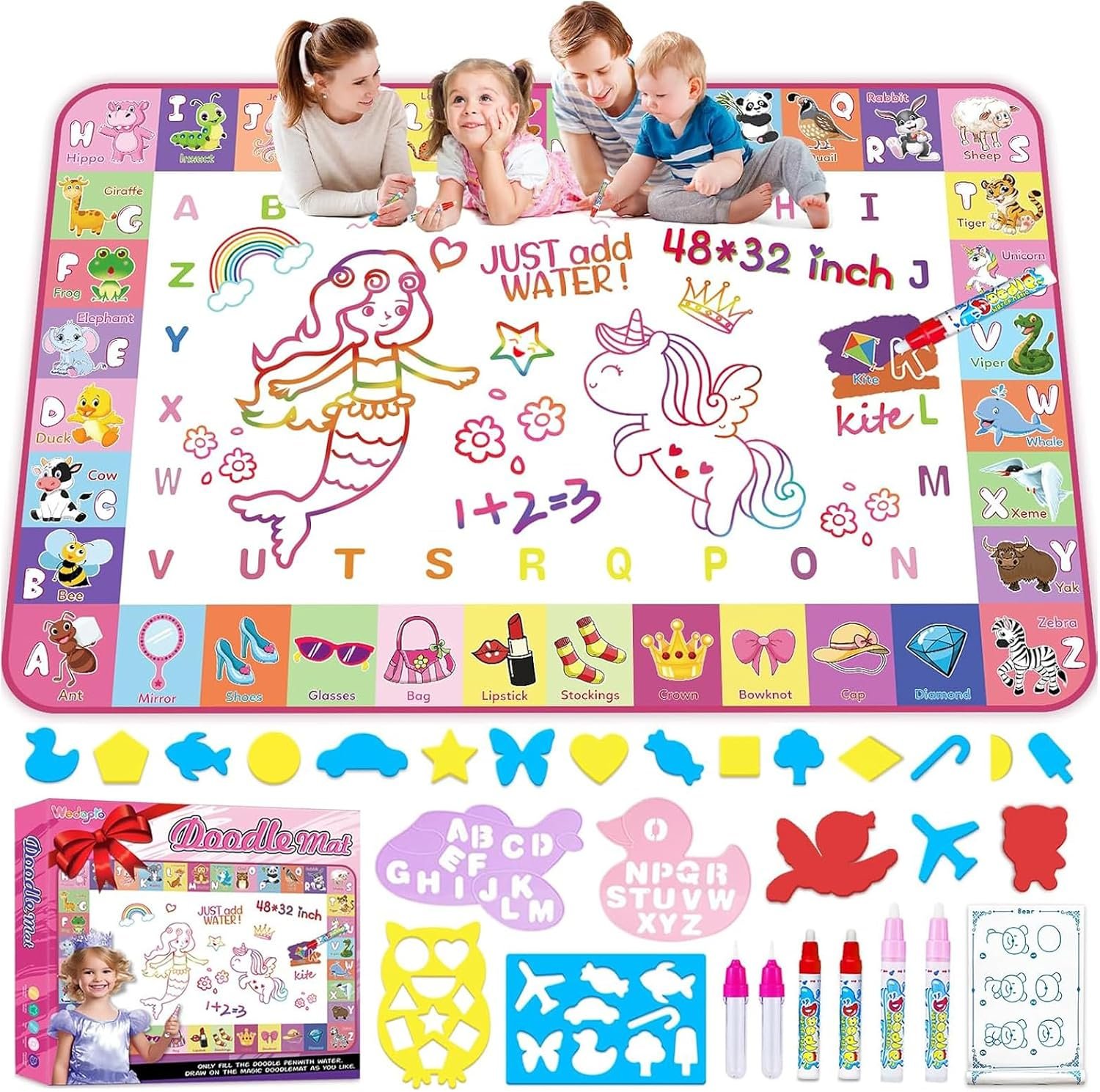 Wedopro Water Doodle Mat 48×32 – Mess-Free Toddler Toys for Ages 3-7 with 31 Pcs | Reusable Water Reveal Educational Drawing Mat for Kids with 24 ABC & Animals | Birthday Gift for Boys & Girls