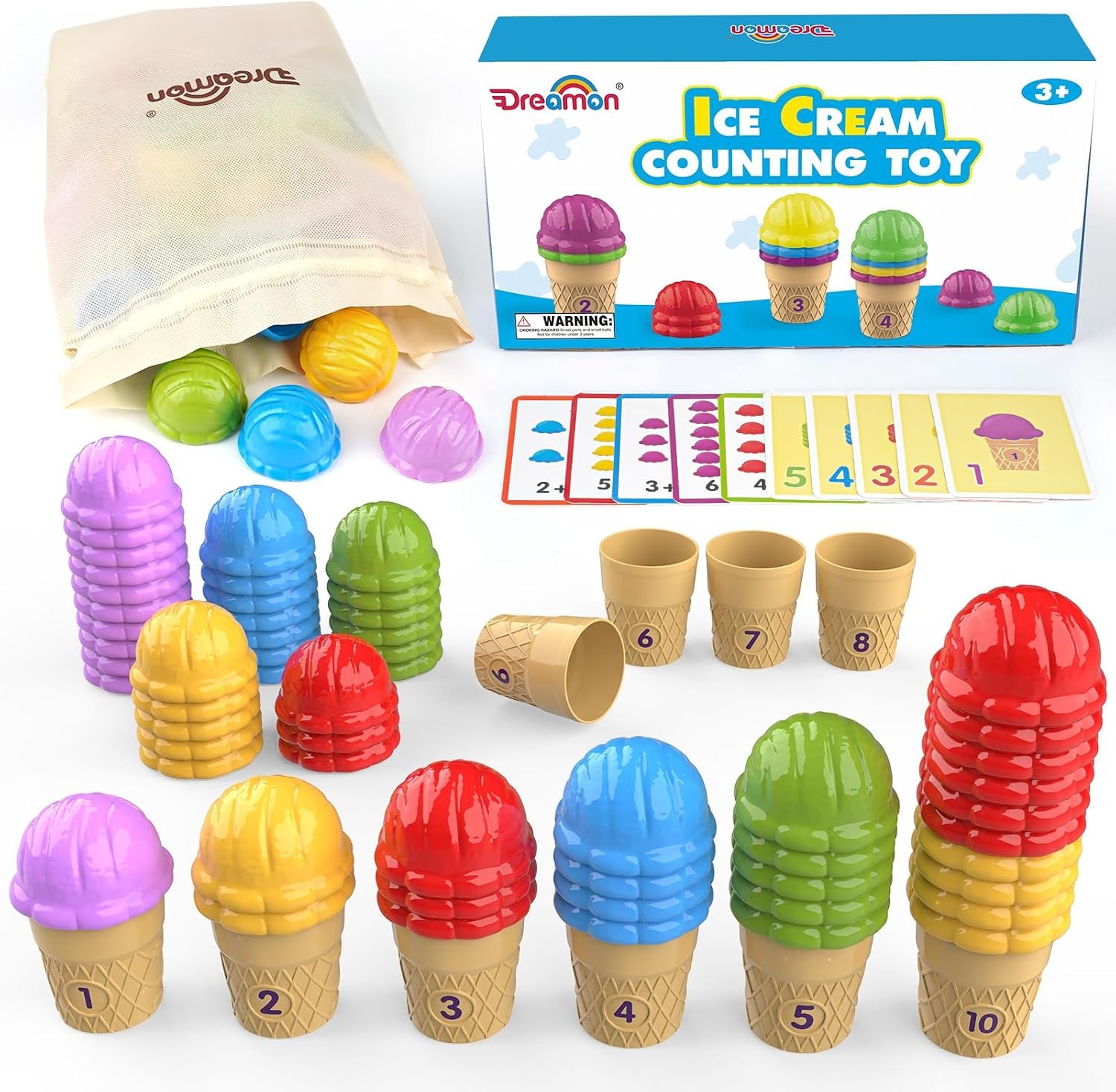 Ice Cream Color Sorting Toys for Toddlers, Montessori Counting Pretend Play Toys – 76 Pieces, Early Math Manipulatives Learning Toys with 10 Educational Number Cards for Preschool Kids (Number)