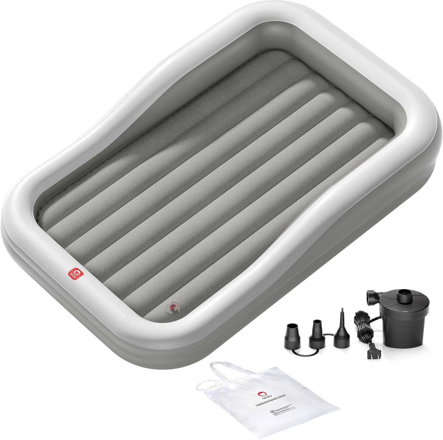QPAU Inflatable Toddler Travel Bed with 3-Sided, Extra Large, Gray