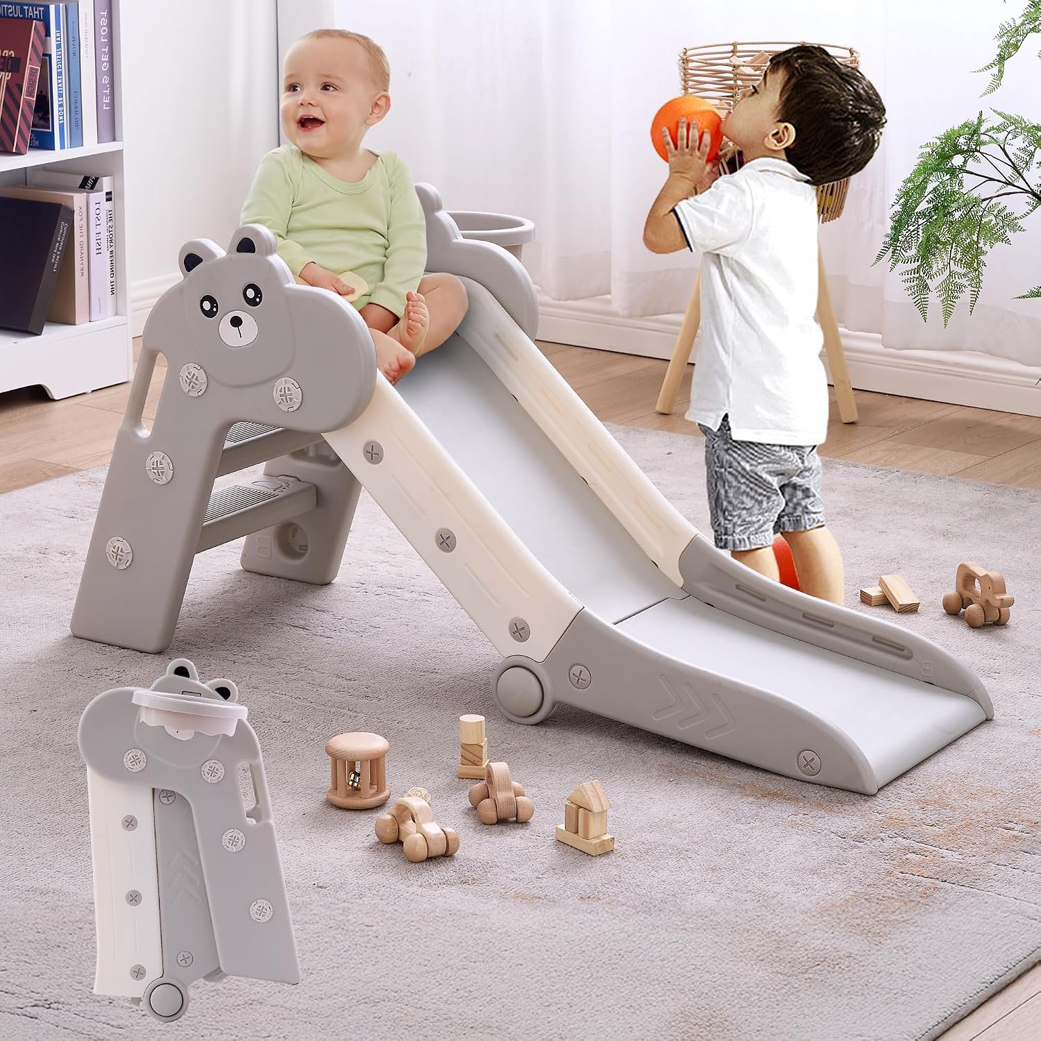 DOREROOM Toddler Slide, Foldable Indoor Slide for Ages 1-3, Gray & White