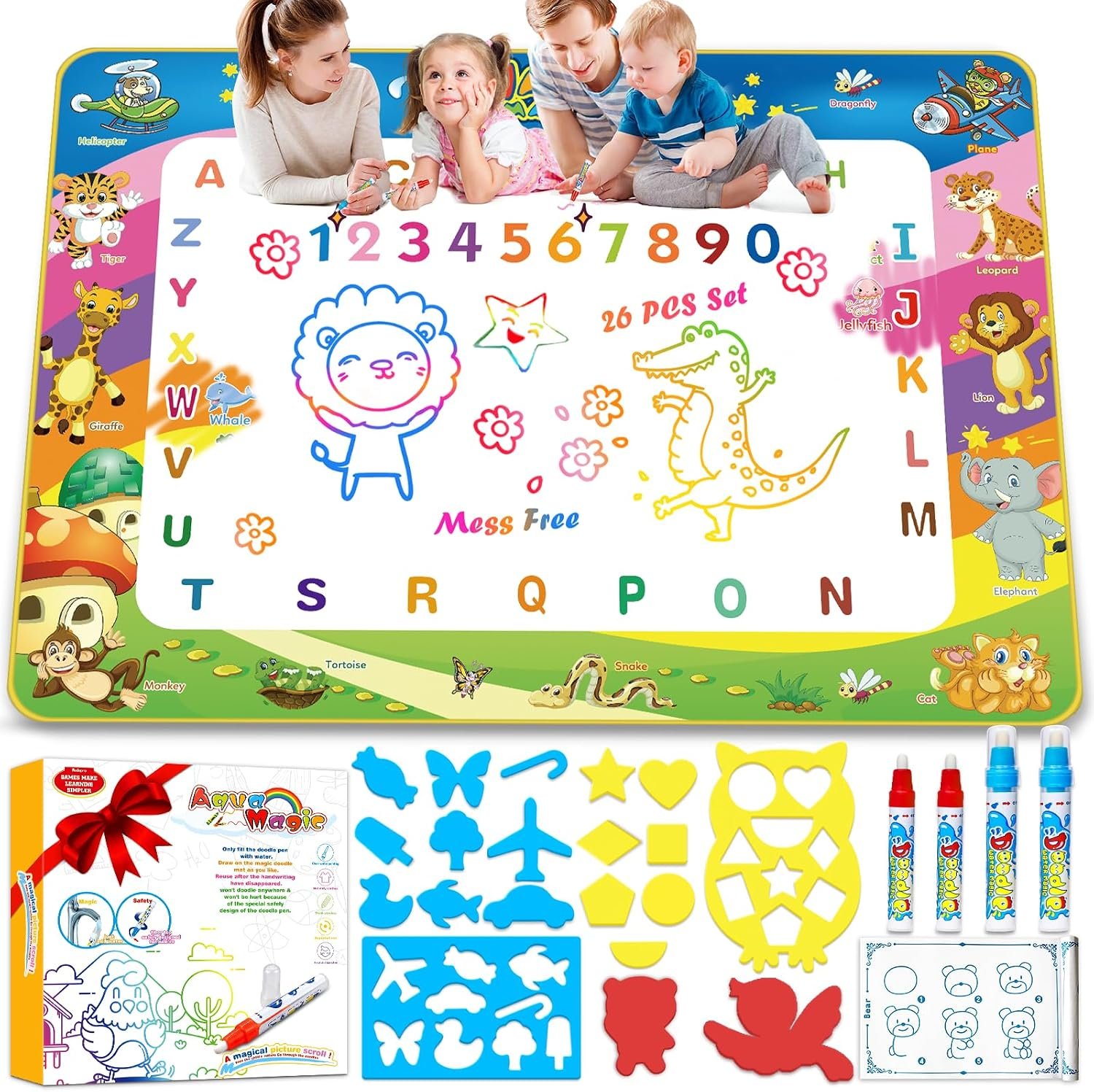 Wedopro Water Doodle Mat 40×30 – Mess-Free Toddler Toys for Ages 3-7 with 27 Pcs | Reusable Water Reveal Educational Drawing Mat for Kids with 24 ABC & Animals | Birthday Gift for Boys & Girls