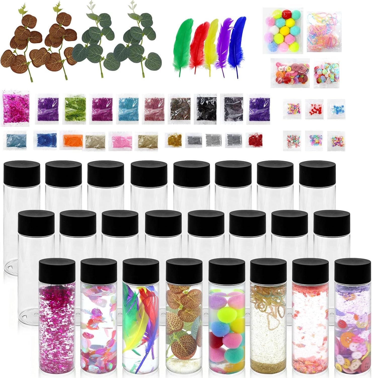 24 Pcs Sensory Bottles Empty Kits, 10 oz Leakproof Plastic Sensory Bottles with Lids, Reusable Empty Water Bottles with Sequins Accessories Sensory Bottle Fillers for Sensory Crafts Handmade