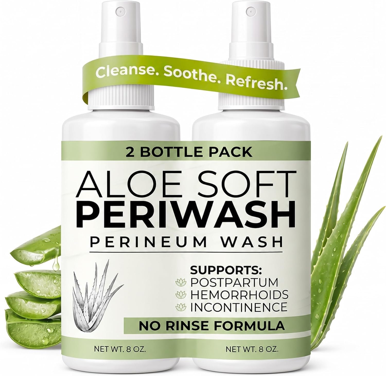 Aloe Soft Perineal Spray – Pack of 2 8 oz Rinse Free Perineum Wash – Cleanses and Soothes – Made with Aloe Vera Extract