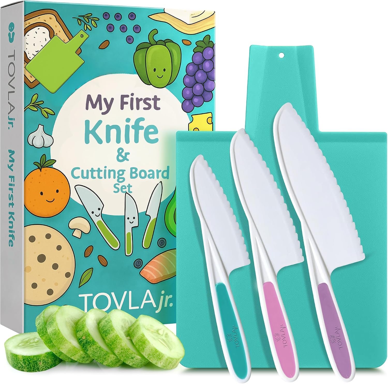TOVLA JR. Premium Montessori Kid-Safe Knife & Cutting Board Set – Real Kitchen Tools for Toddlers & Young Kids Learning to Cook, Safe & Easy for Begin…