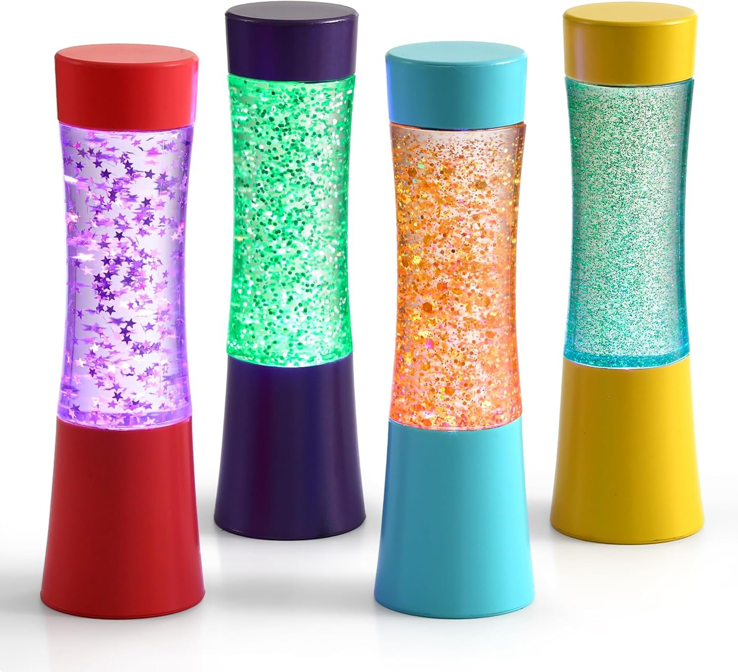 Special Supplies Light-Up Glitter Sensory Tubes – 4-Pack – Liquid Motion Timers for Stress Relief, Focus, and Relaxation – Colorful Calm Down Bottles for Kids and Adults – Leakproof, Ages 3+