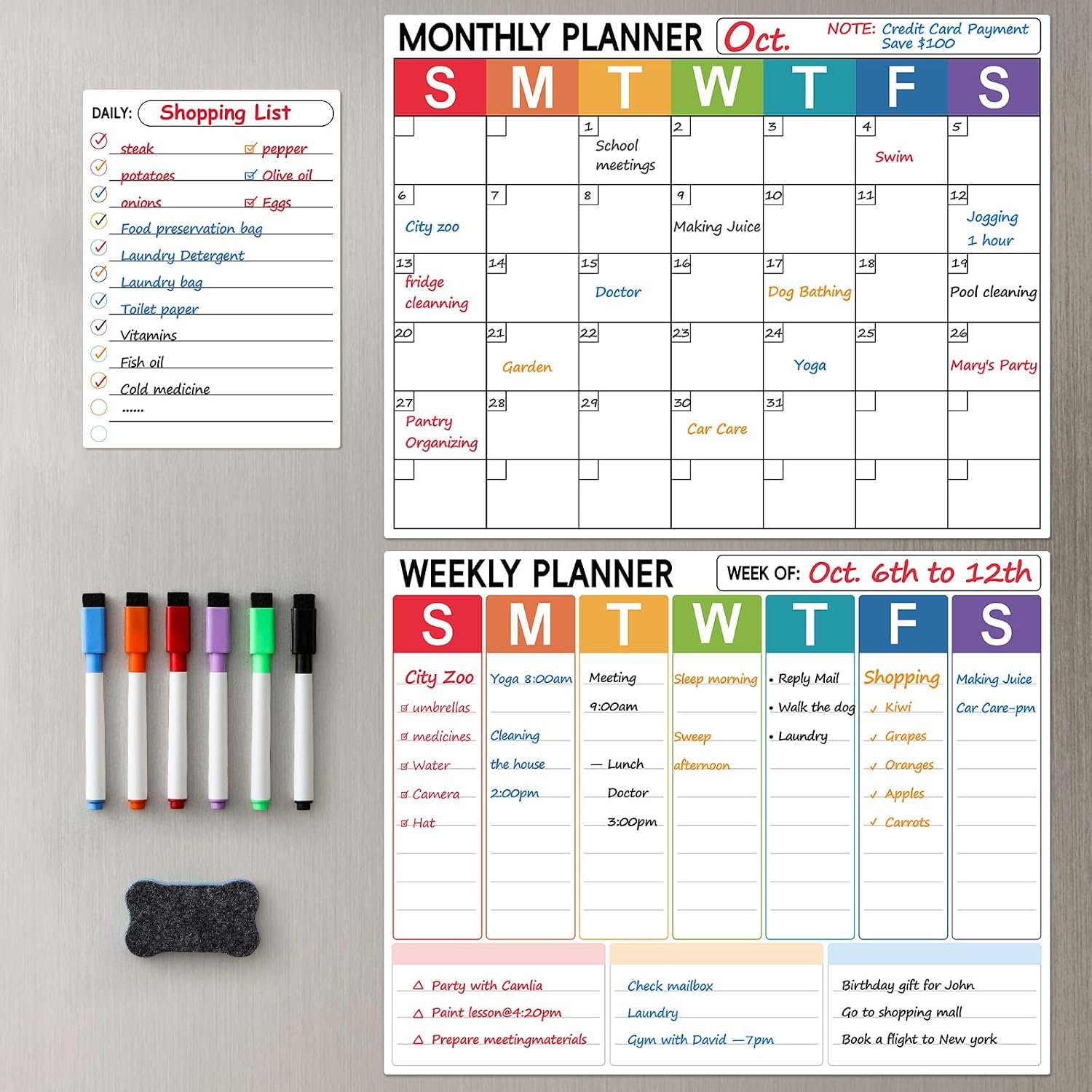 3 Pack Dry Erase Magnetic Calendar for Refrigerator – Monthly & Weekly & Daily Planner Magnet Whiteboard for Fridge Wall – Shopping, Meal/Menu, to Do List, Family Schedule Planning Board (9CO-3RIZH)