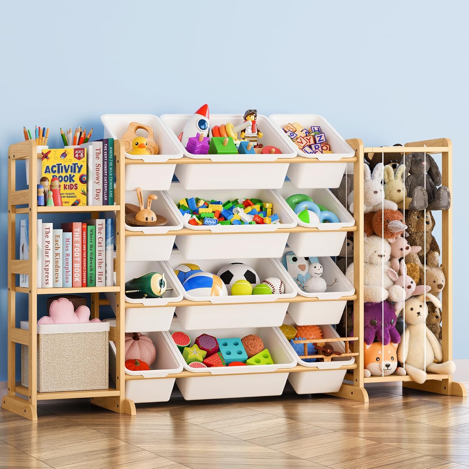Toy Storage Organizer with Bookshelf and Stuffed Animal Storage – Kids Playroom Organization with 3 Shelves and 12 Toy Bins – Toddler Living Room Toy Box for Lego – Nursery Bedroom Decor Essential