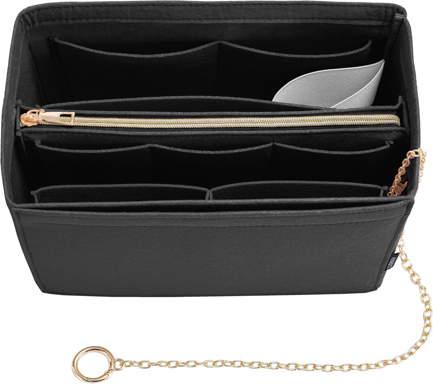 Purse Organizer Insert, Handbag Organizer with Zipper, Tote Shaper with Cup Holder & Keychain, Compatible with LV, Neverfull, MK, COACH, Longchamp, Kate Spade – Black Med