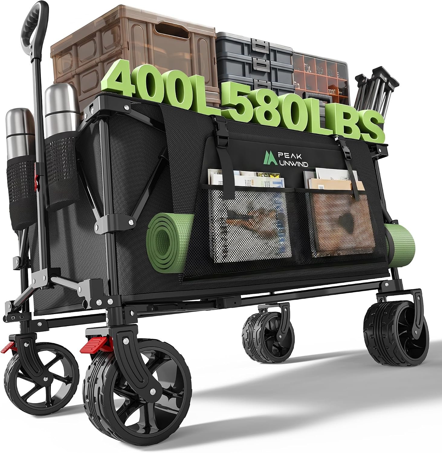 400L Folding Wagon Cart with Brakes & Removable Table, 580lbs Heavy Duty Collapsible Wagon, Big All-Terrain Wheels for Camping, Sports, Grocery, Outdoor – Black