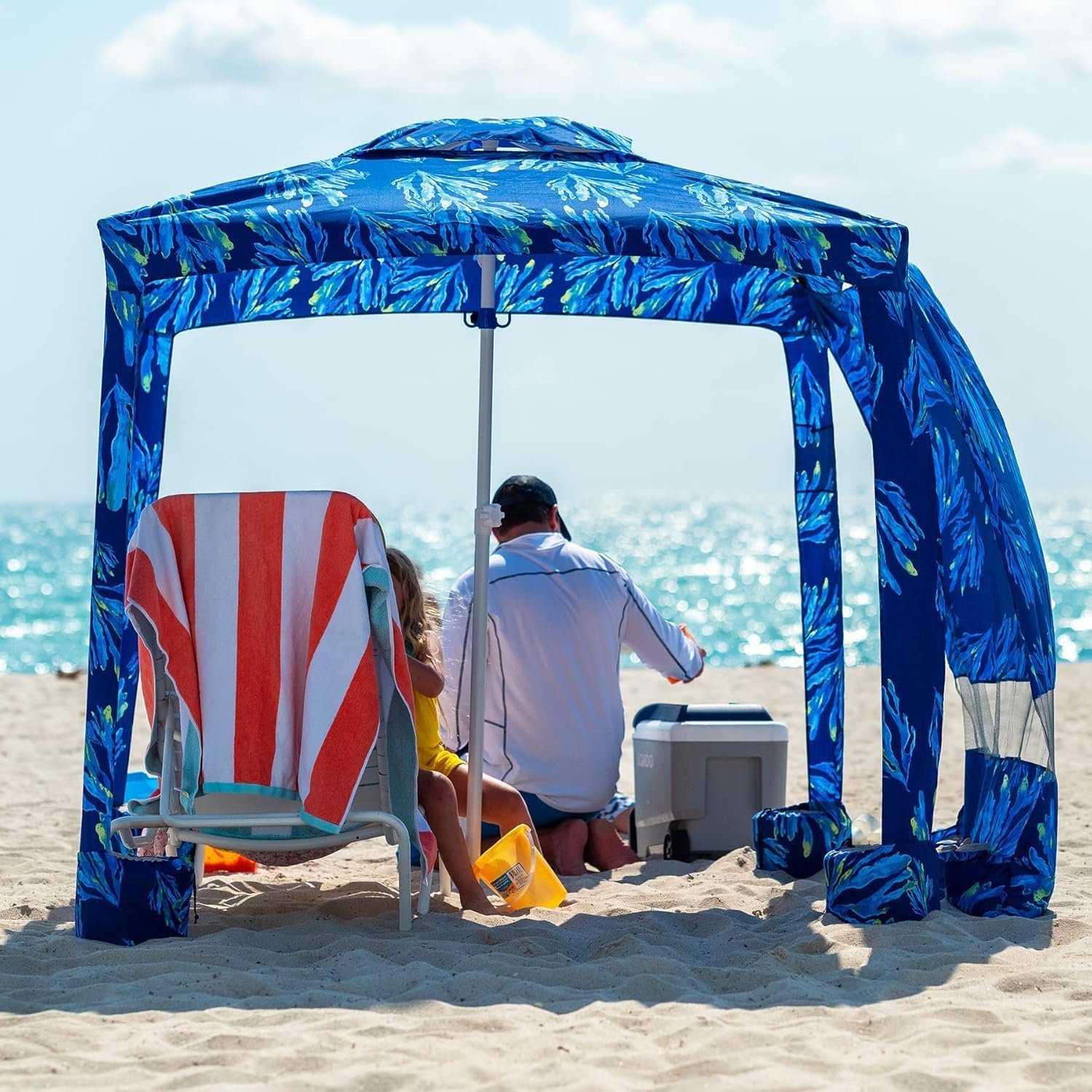 AMMSUN Beach Cabana, 6.5’×6.5′ Beach Canopy, Easy Set up and Take Down, Cabana Tent with Sand Pockets, Instant Sun Shade with Side Wall, Coral Tropical