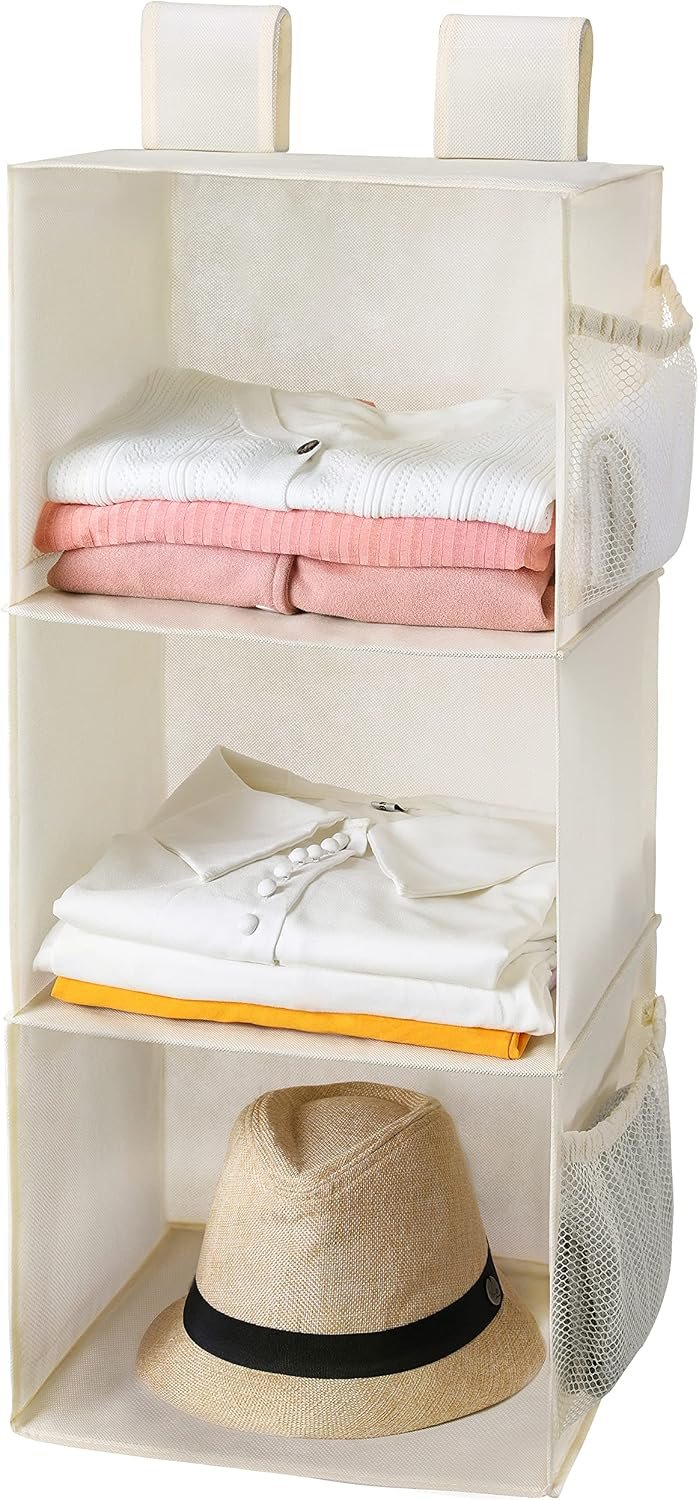 MAX Houser 3 Shelf Hanging Closet Organizer with 2 Velcro, Beige
