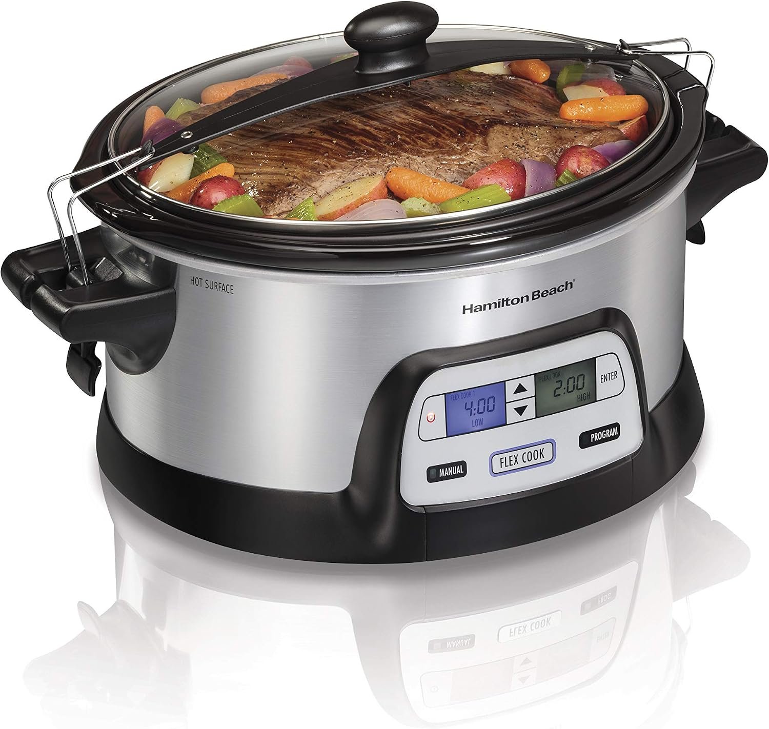Hamilton Beach 33861 Portable Programmable Slow Cooker, Dishwasher Safe Crock, 6 Qt, FlexCook Dual Digital Timer/2 Heat Settings, Lid Lock for Easy Travel, Silver