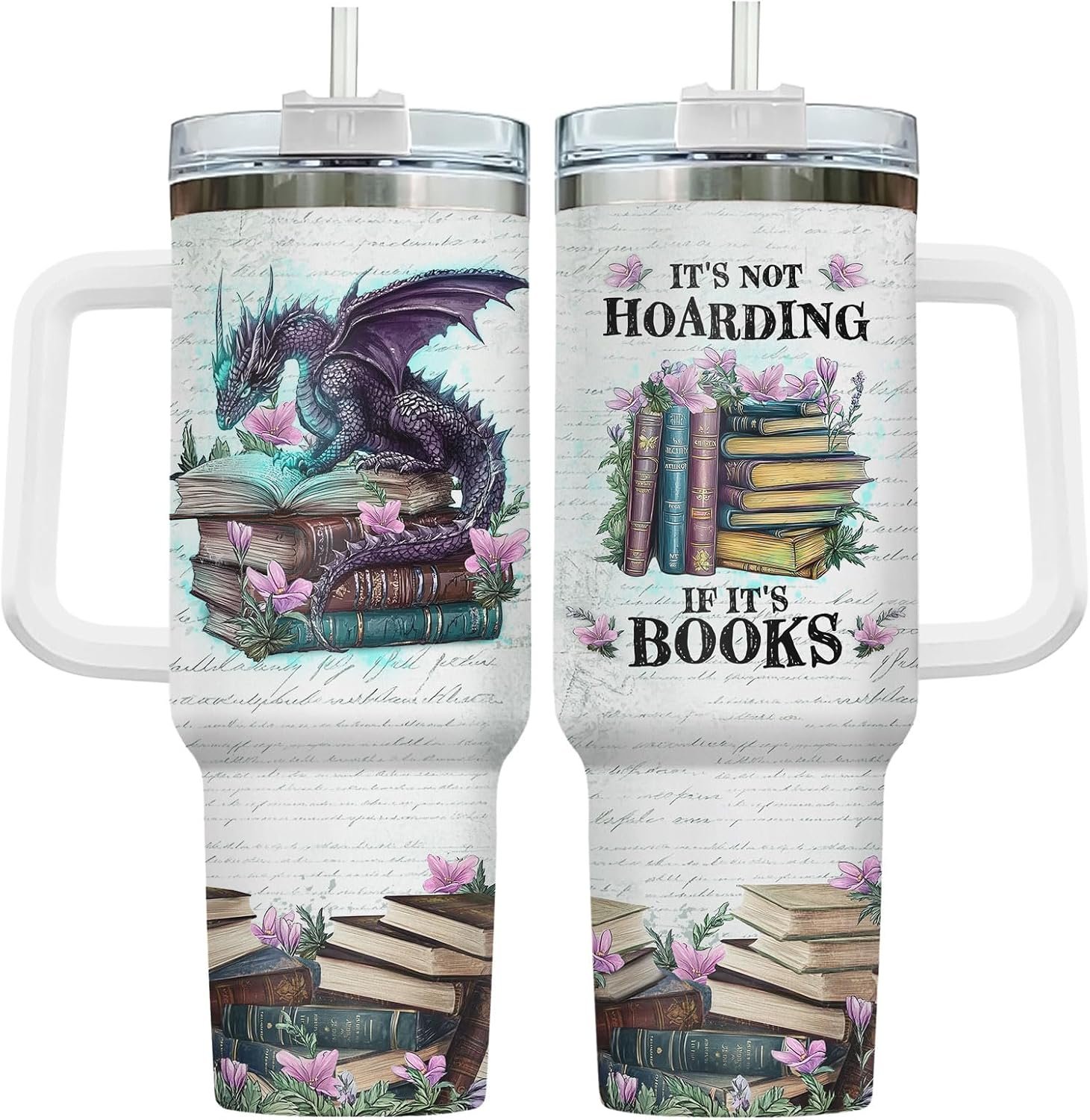 34HD Book Dragon It’s Books Fantasy 40 oz Tumbler with Handle, Birthday