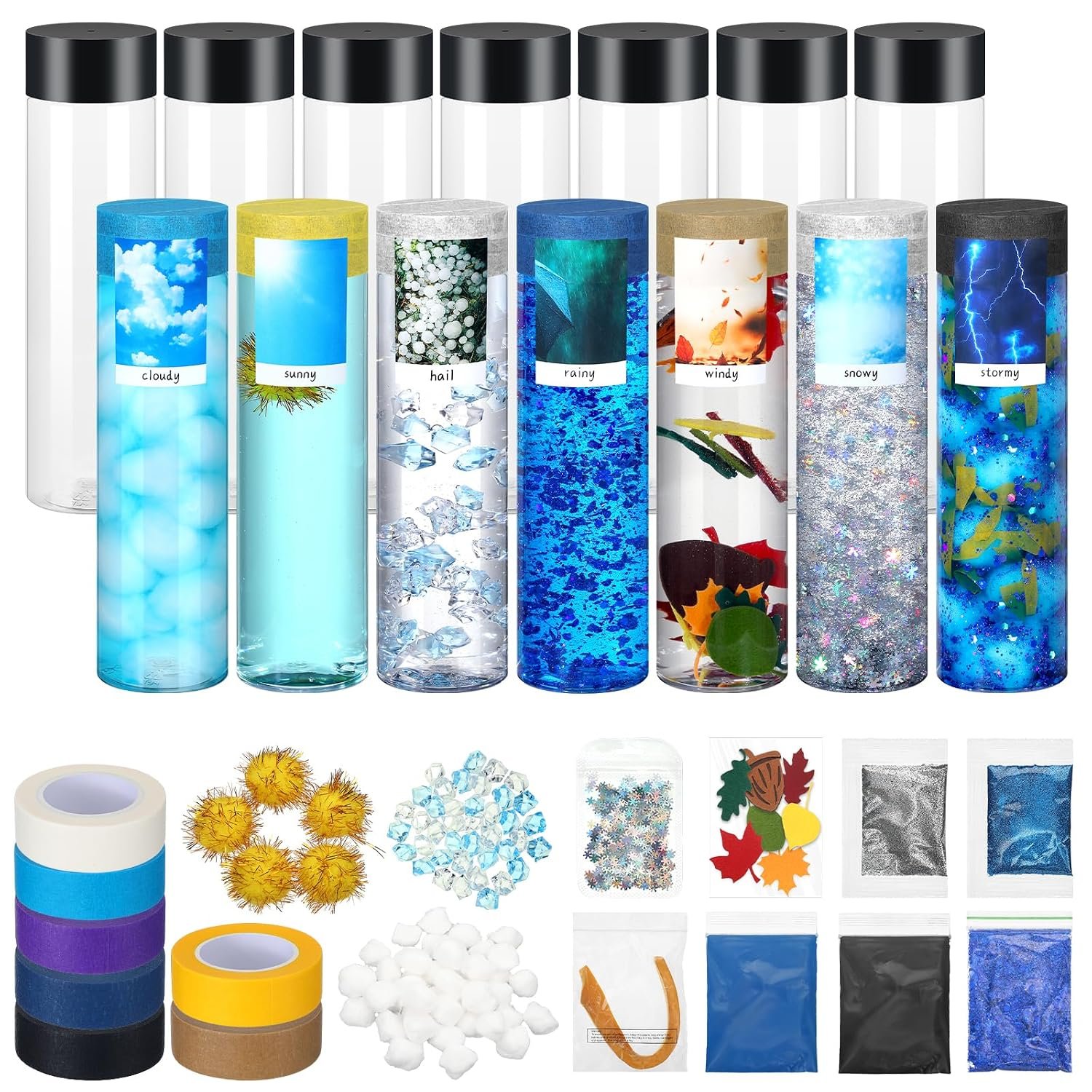 12 Pcs Weather Sensory Bottle Kit 13.5oz Plastic Calm Down Bottle with Lids