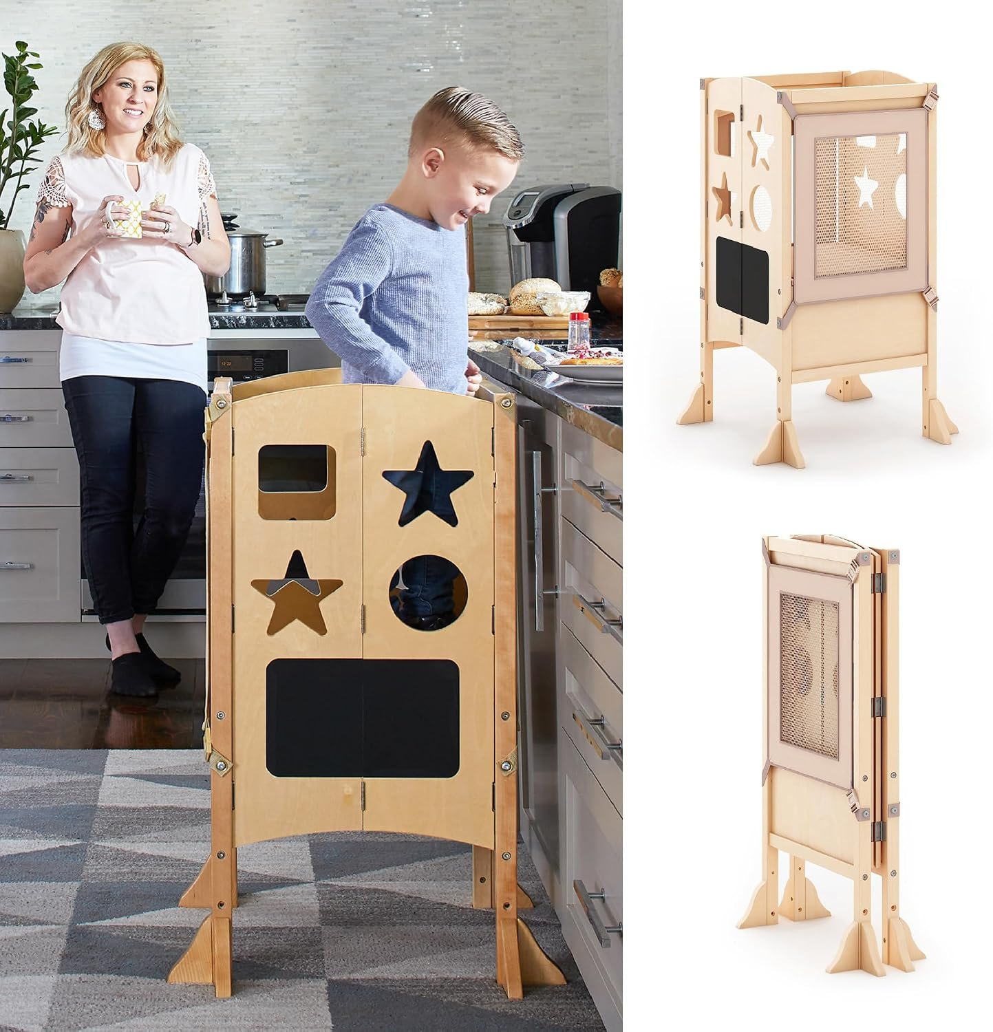 Guidecraft Classic Kitchen Helper – Natural: Adjustable Height, Folding Step Stool For Little Kids, Toddler Safety Cooking Tower with Write-on Wipe-off Message Boards. Kids Learning Furniture