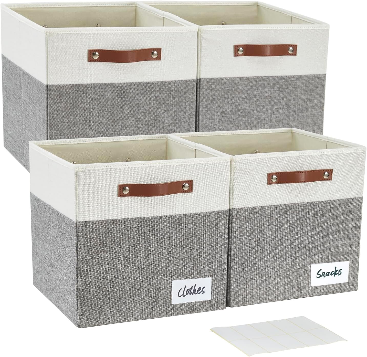 Bagnizer Collapsible Fabric Storage Cube Bins with 2 Reinforced PU Handles, Foldable Storage Organizer Baskets for Closet, Shelves, Living Room | 13″x13″x13″, 4 Pack, Gray & White