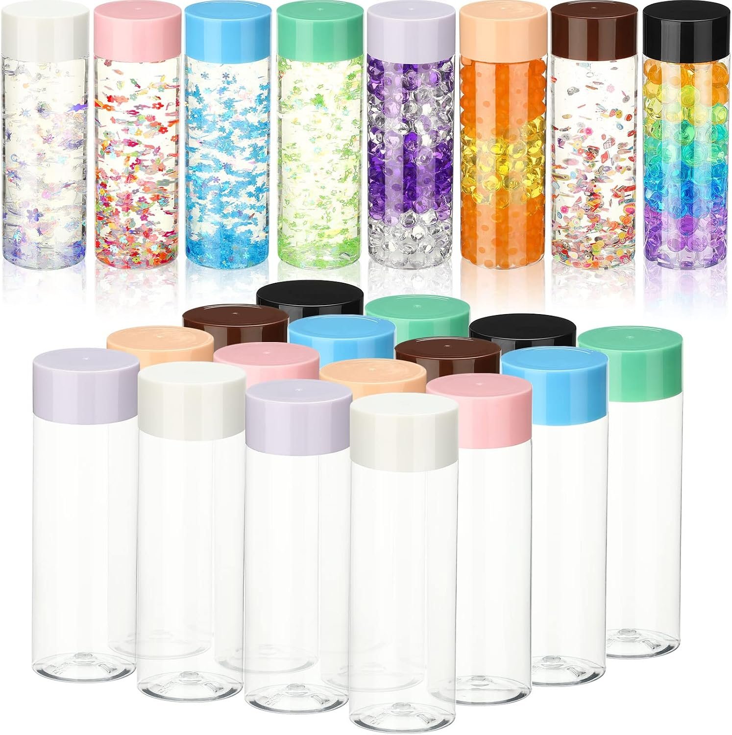 Hoolerry 16 Pcs Empty Plastic Sensory Bottle with Lid, 8 Colors, 13.5 oz