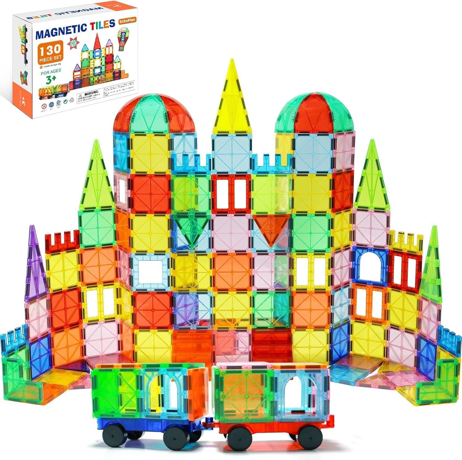EchoPlan Magnetic Tiles,130PCS Magnetic Blocks with 2 Cars for Kids