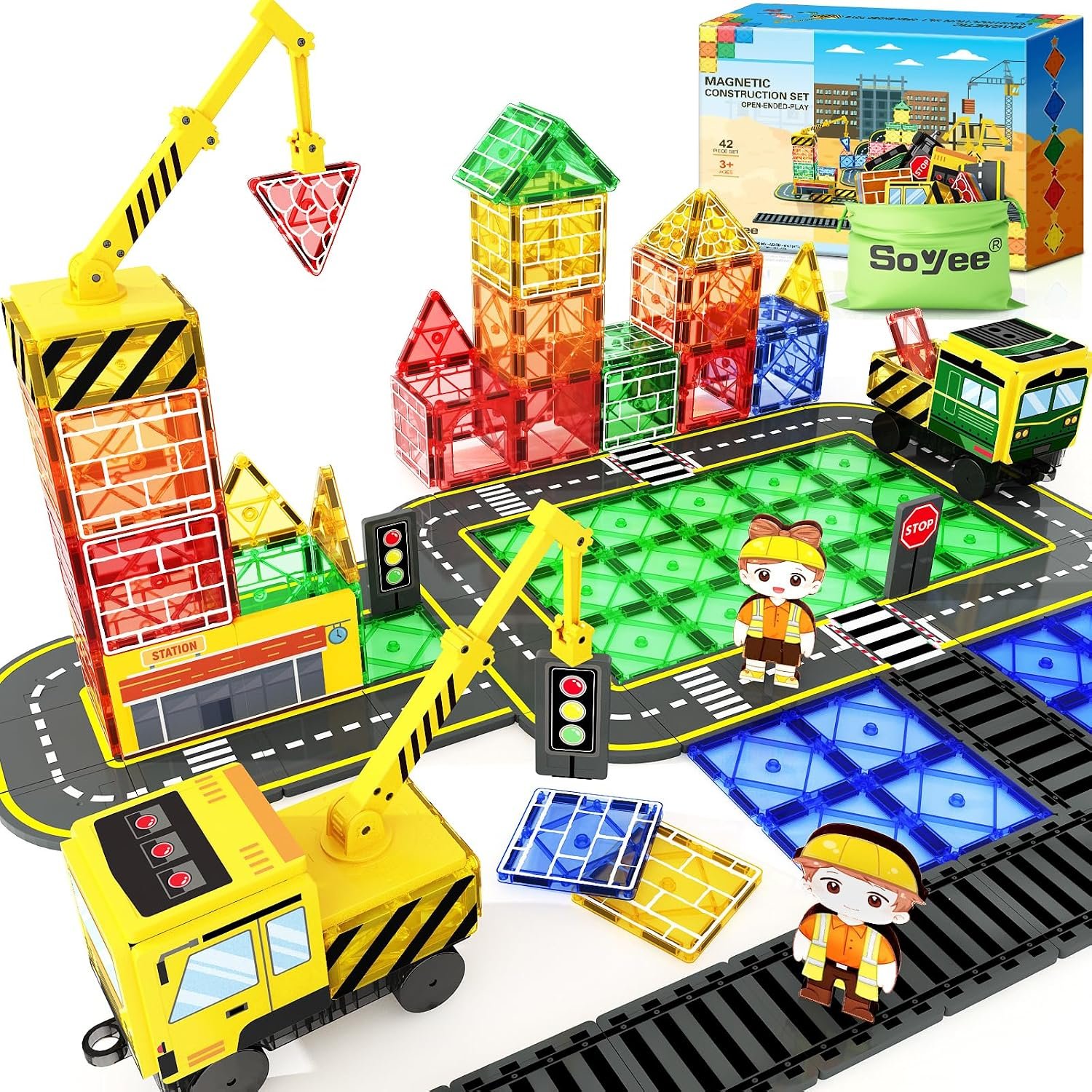 Magnetic Tiles with 2 Cranes, Magnetic Construction Toys STEM Building Toys