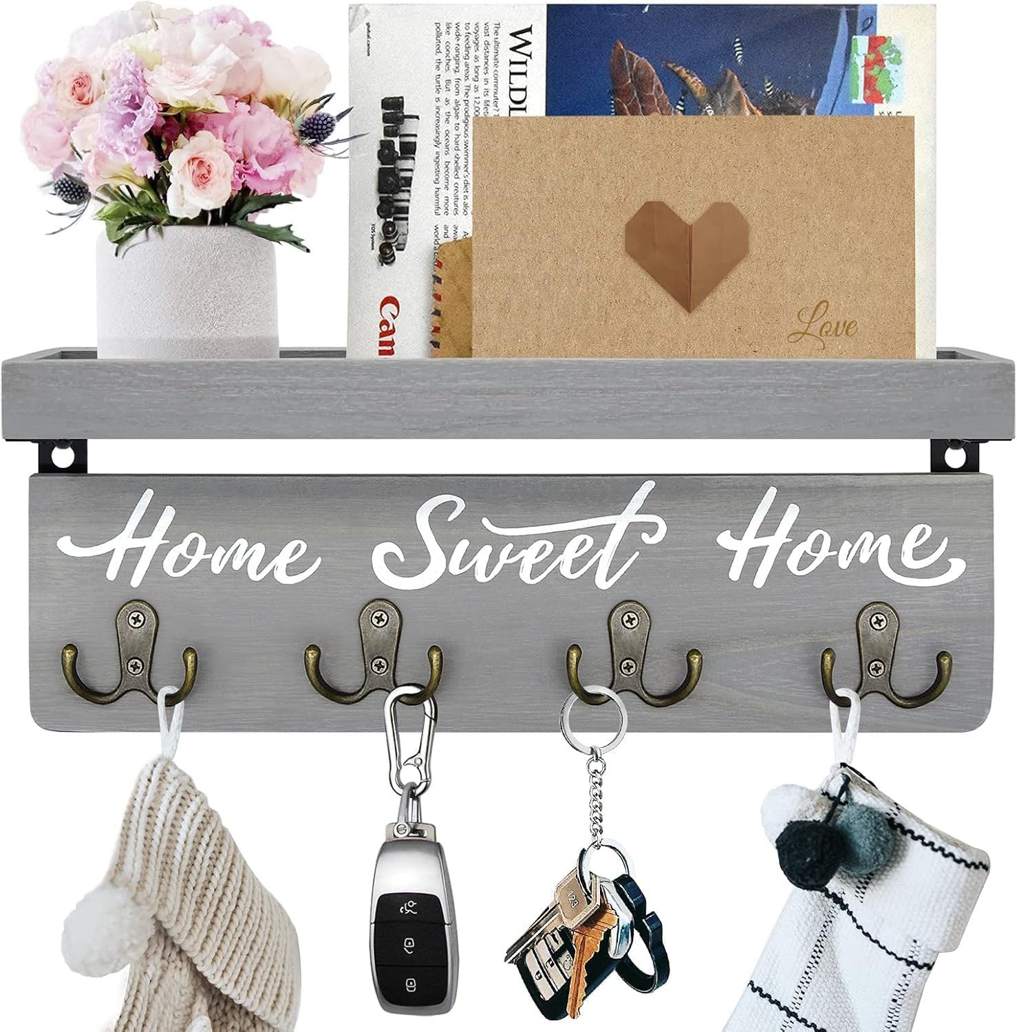 buways Key Holder Wall Mount with 8 Hooks and Cozy Home Sign (Gray)