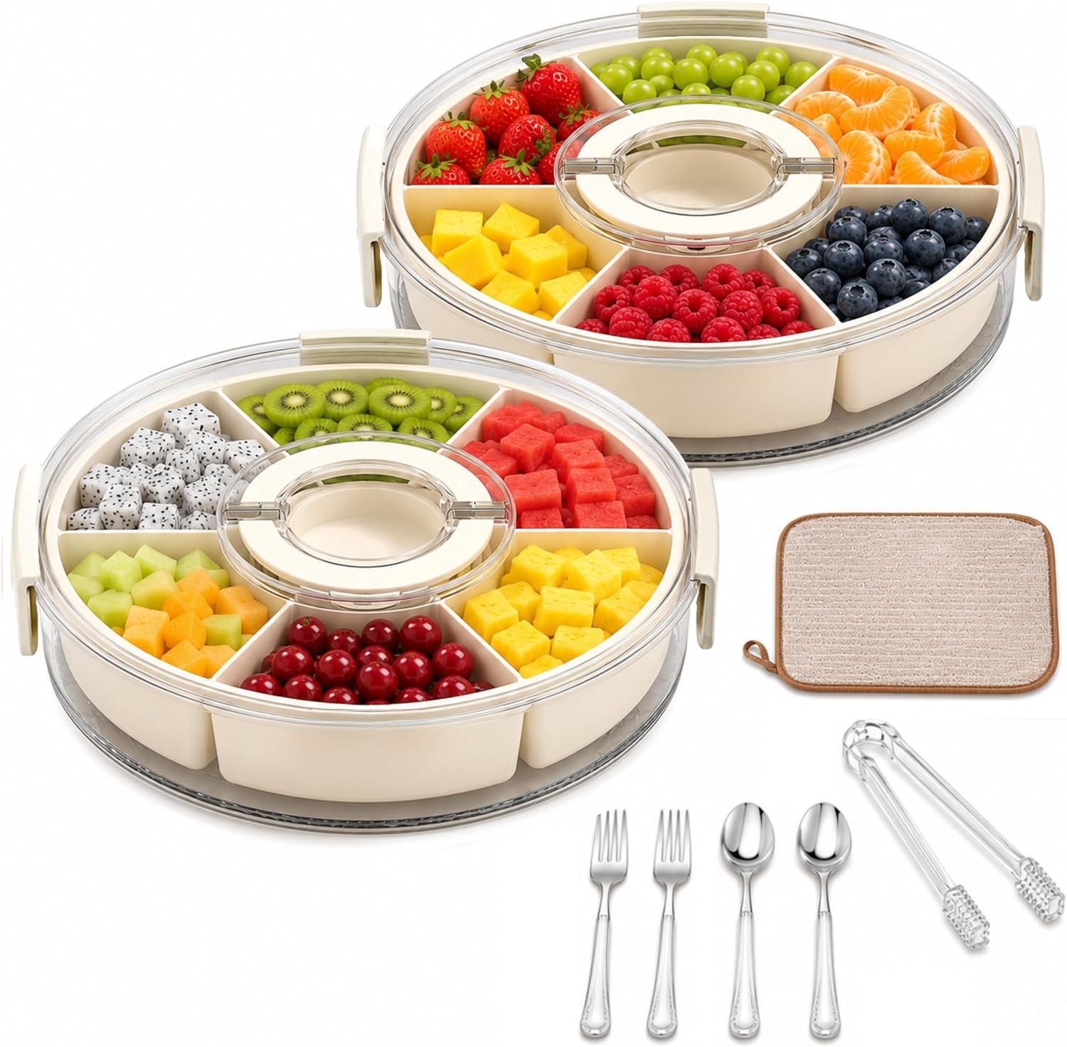 2 Packs Snackle Box Container with Lid and Handle | 360° Rotating Travel Snack Box with 6 Removable Compartments for Fruit, Veggies, Candy and Charcuterie, Party, Picnic and Travel