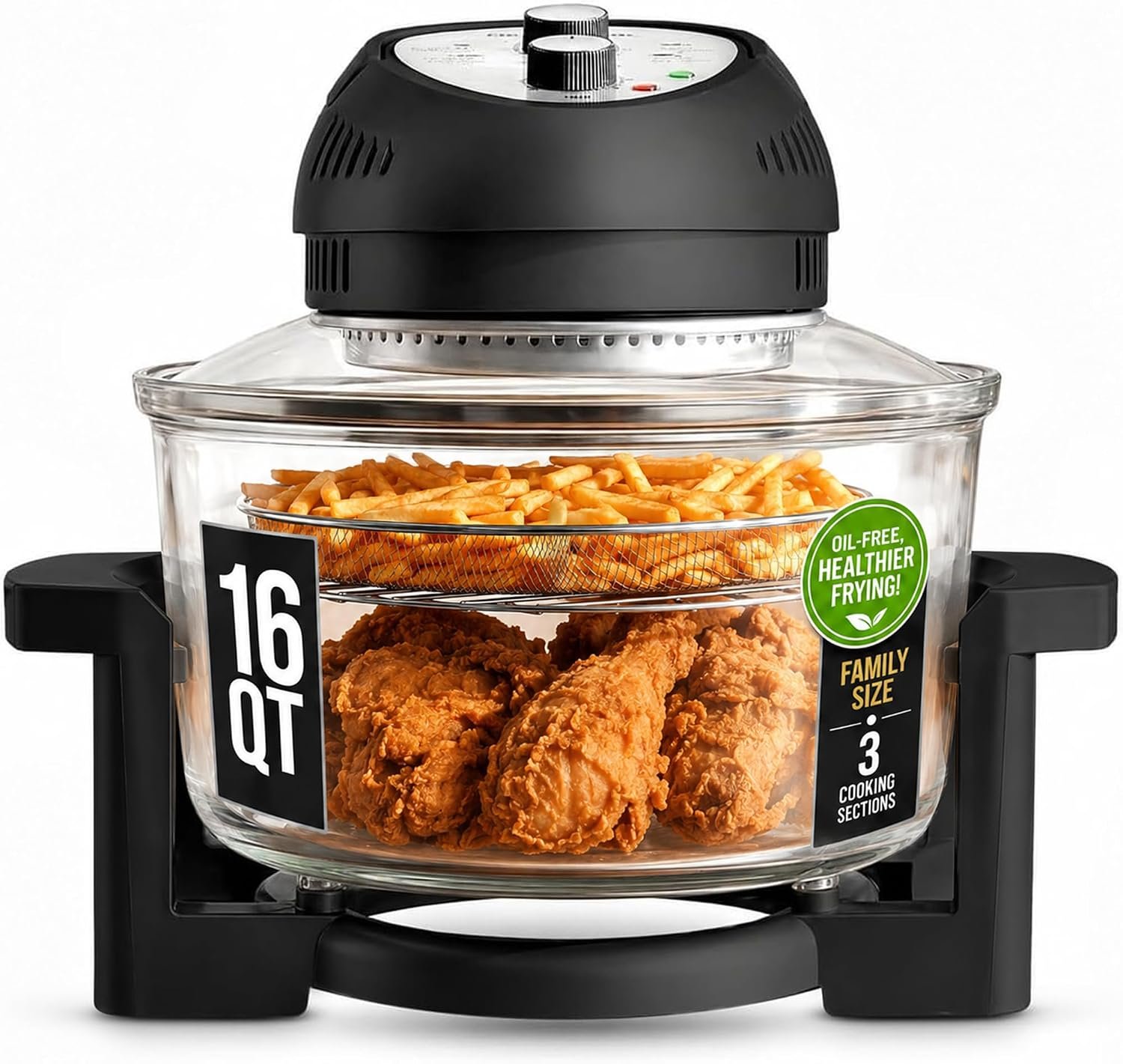 Granitestone 16 Qt Large Glass Air Fryer Non Toxic, Black