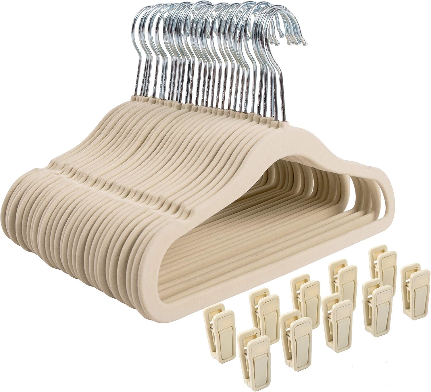 Finnhomy Non-Slip Clothes Hanger for Baby and Kids 30-Pack Velvet Hangers with 10 Finger Clips,Beige