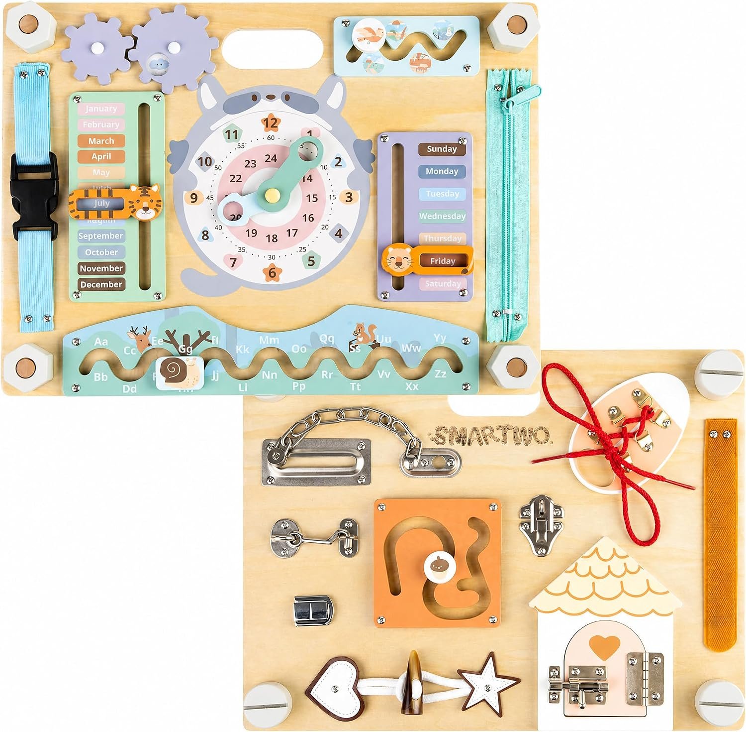 Montessori Wooden Busy Board for Toddlers, Animals & Calendar