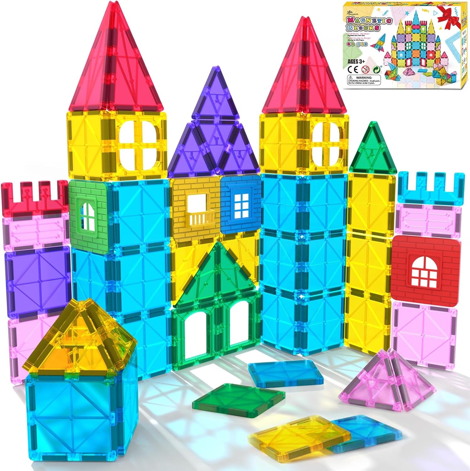 Jasonwell Magnetic Tiles Kids Magnetic Blocks 60PCS Building Sets 3D Magnet Toys Preschool Educational Construction STEM Toy Christmas Birthday Gifts for Toddlers Boys Girls 3 4 5 6 7 8 9 + Year Old