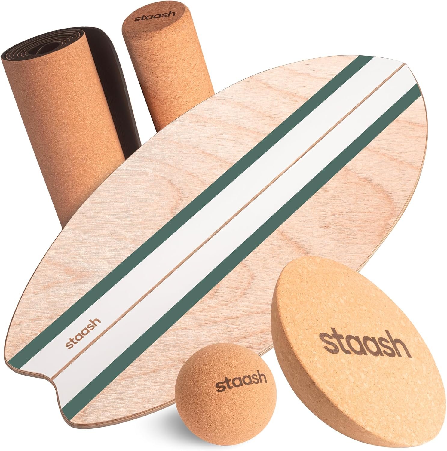 STAASH® Balance Board Full Kit – Premium Birch Wood Trainer with Cork Roller, Balance Disc, Massage Ball & Anti-Slip Mat – Core Strength, Surf, Snowboard & Rehab Training – All-In-One Set