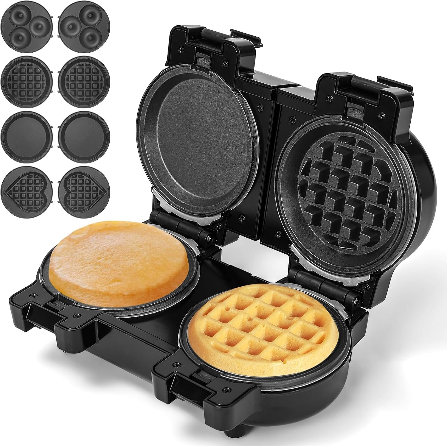 4 in 1 Dual Mini Waffles Maker with 8 Removable Plates, 5″ Non Stick Plate