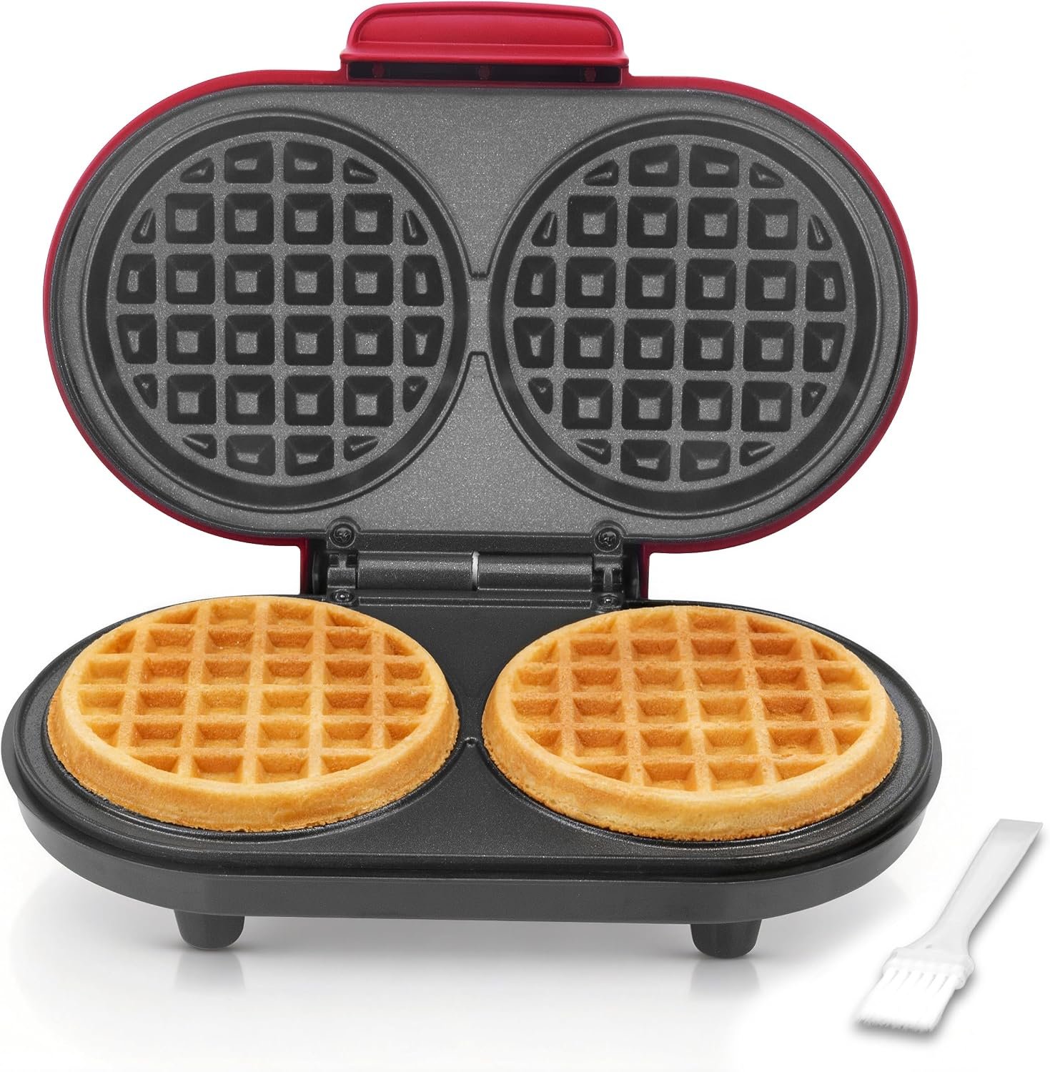 AshGlen Double Mini Waffle Maker for kids, Waflera Electrica with 2 X 4” Round Non-stick Grids, Small Waffle Maker Mini, Makes 2 Personalized Keto Chaffle Waffles, Mini Waffle Iron, Red