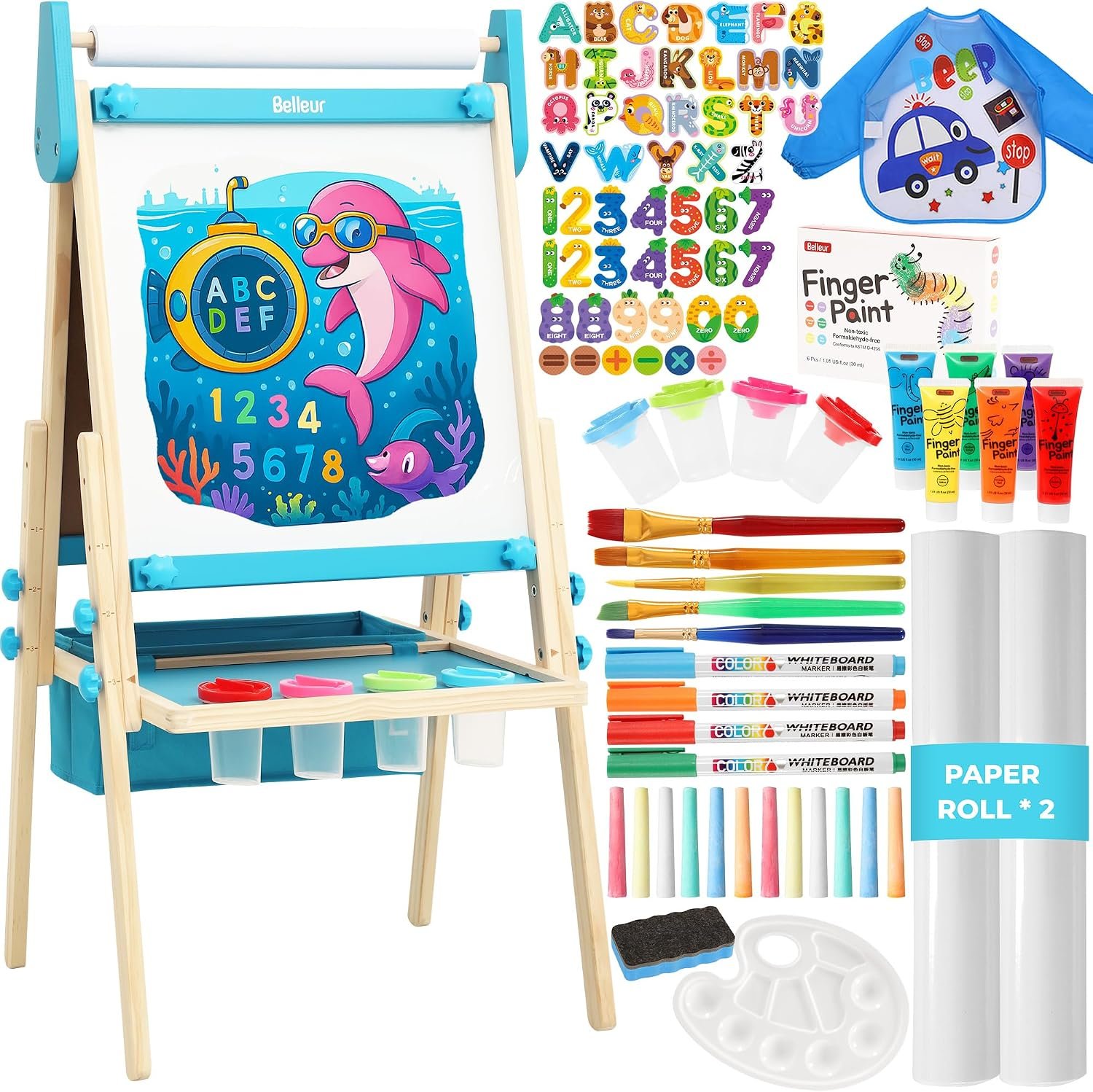 Belleur All-in-One Art Easel for Kids, Adjustable Double Sided Easel for Toddlers with Magnetic Whiteboard & Dry-Erase Chalk Board & Paper Roll, Child Painting Easel for Kid 2-8 Birthday Gift – Blue