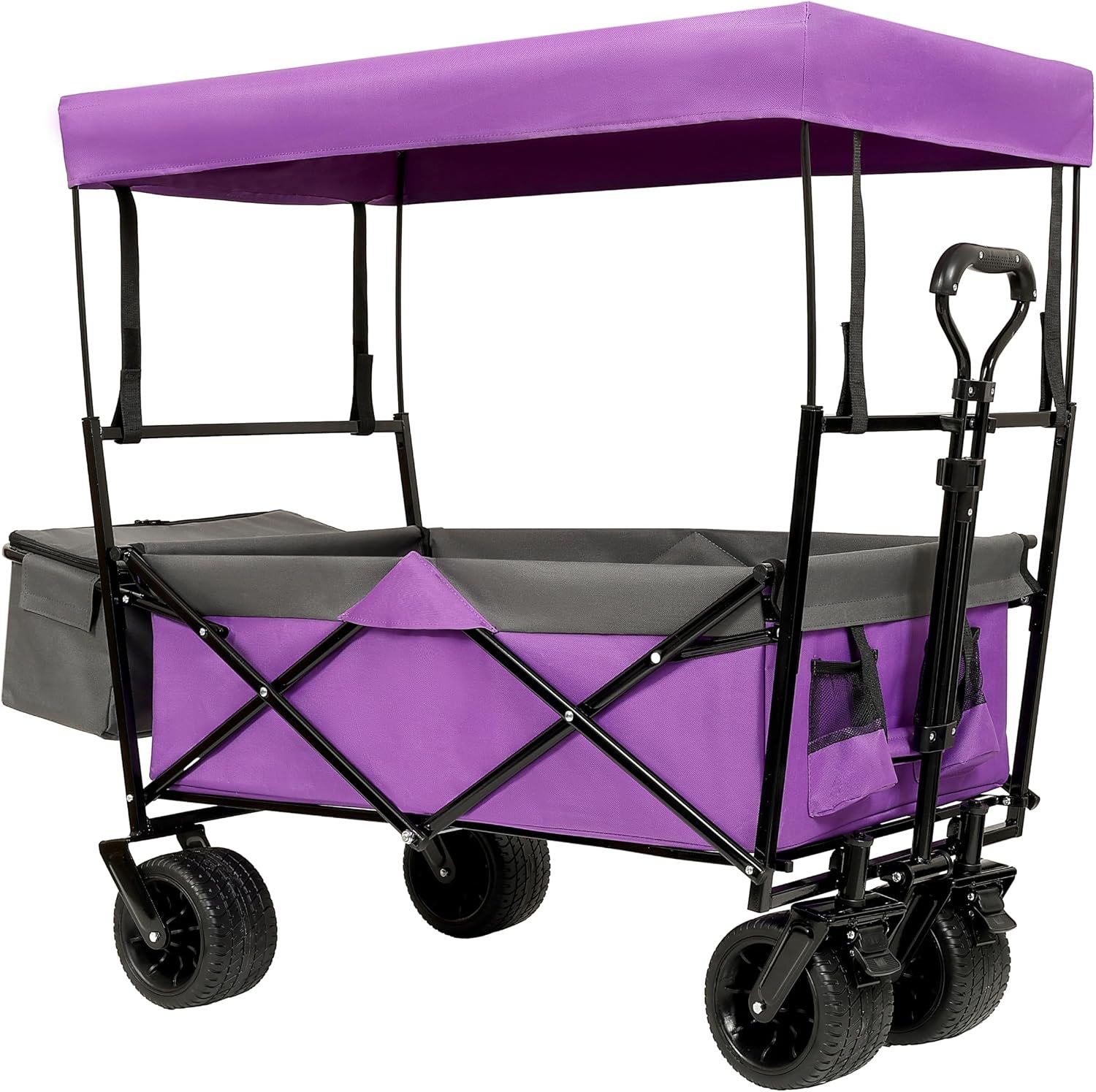 480LBS Heavy-Duty Collapsible Folding Wagon with Canopy & Mosquito Net, All-Terrain 7″ Wheels Utility Cart, Large Capacity Outdoor Camping Beach Grocery Garden Sports Wagon (Purple)