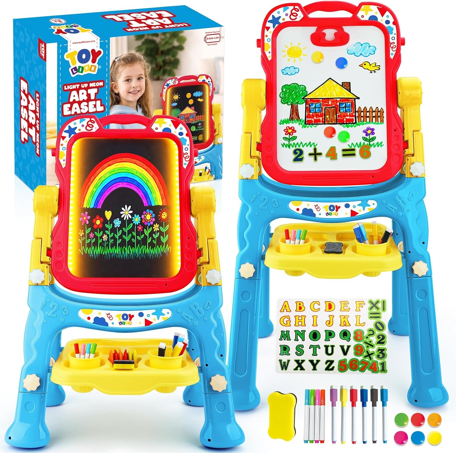 STEAM Life Toddler Easel, Light-Up Double-Sided Drawing Board, Red & Blue