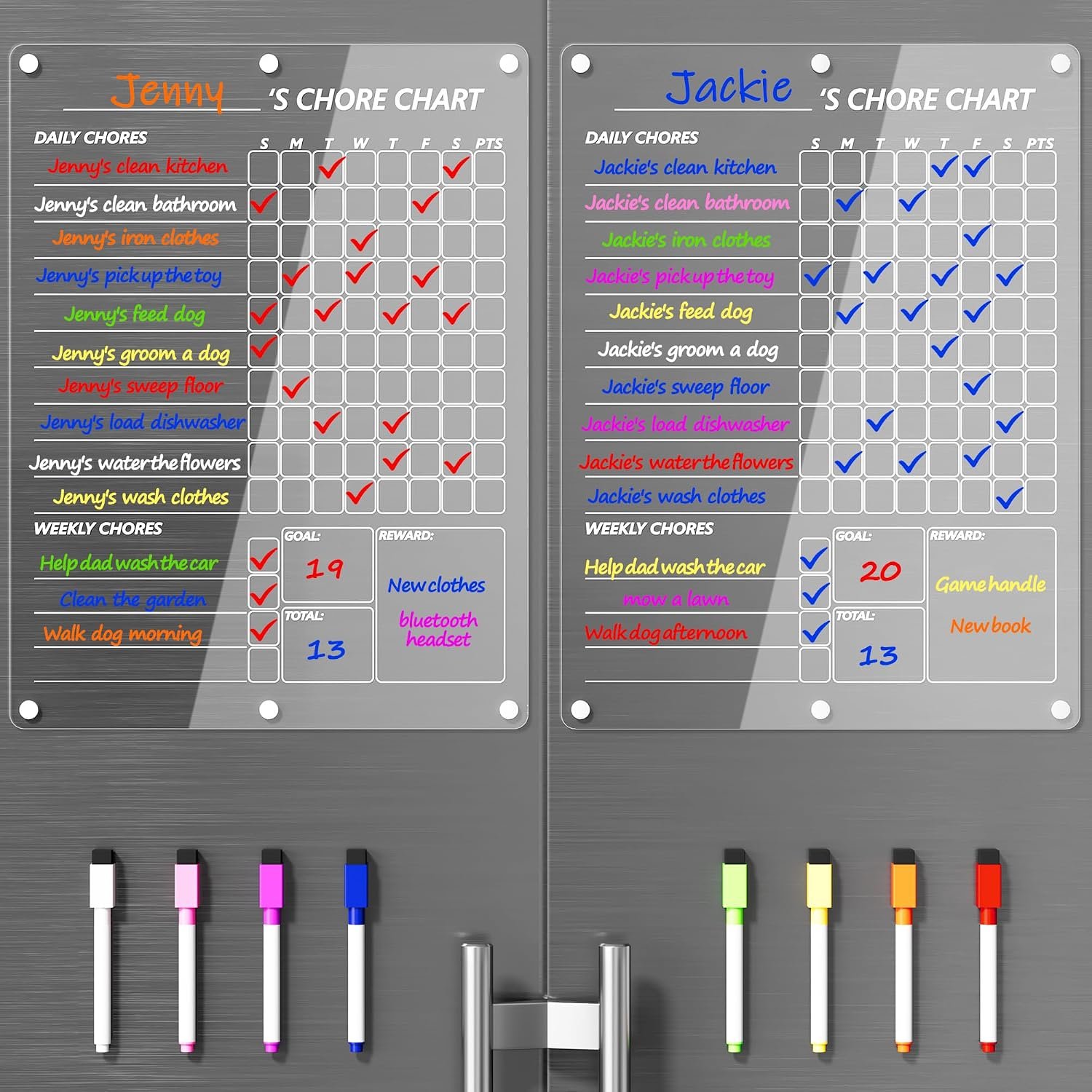 Neatsure Acrylic Magnetic Chore Chart for 2 Kids, Clear Chores Chart for Fridge Refrigerator, Weekly Dry Erase Board for Multiple Kids Teens Adults, w/ 8 Colors Markers, 15″x11″