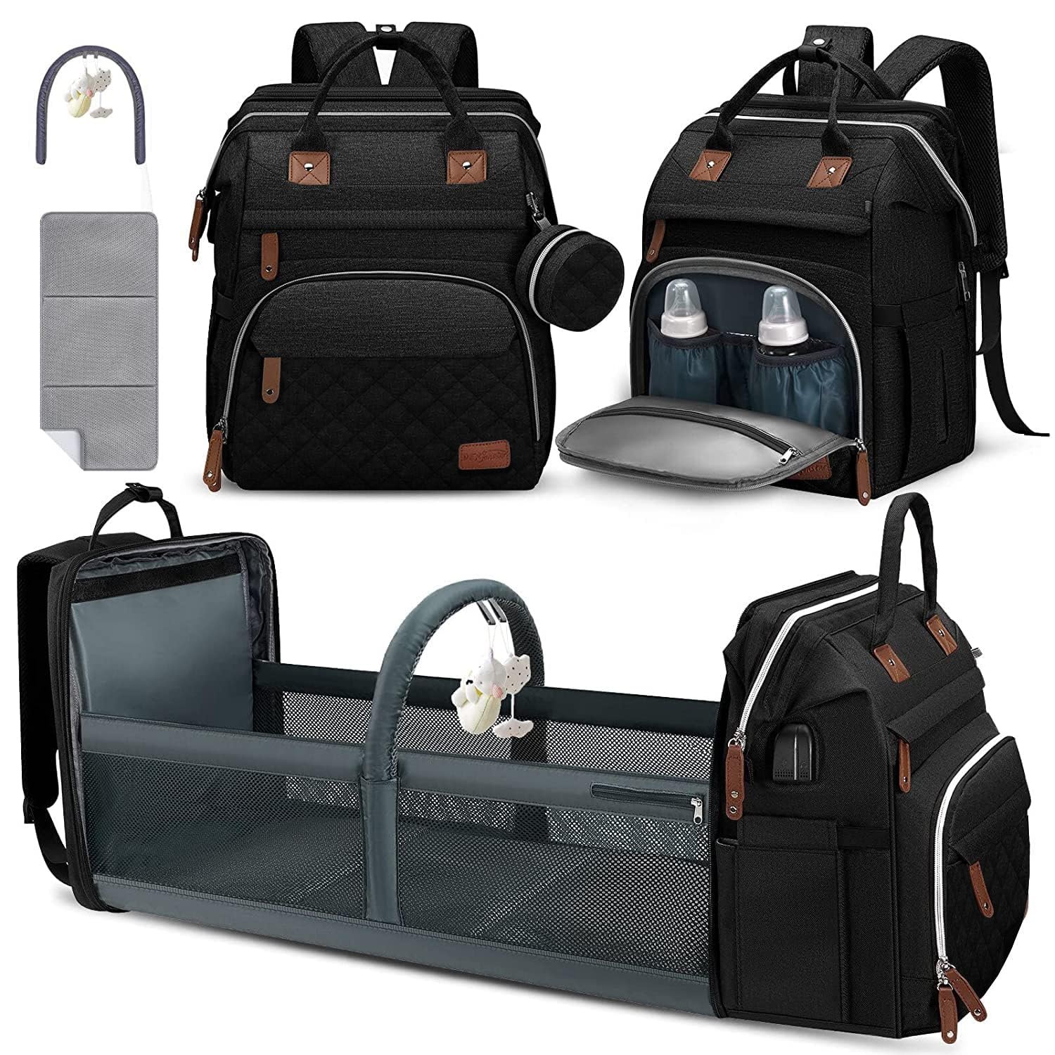 DERJUNSTAR Diaper Bag Backpack, Large Baby Bag with Changing Pad, Thick Padded Back & Straps, Laptop Compartment, Waterproof Travel Backpack with USB Port, Multi-Function for Mom & Dad, Black