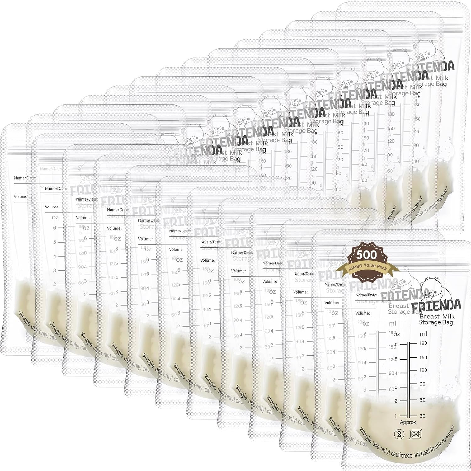 Frienda 500 Count 6 oz Breast Milk Storage Bags with Double Zipper Seal