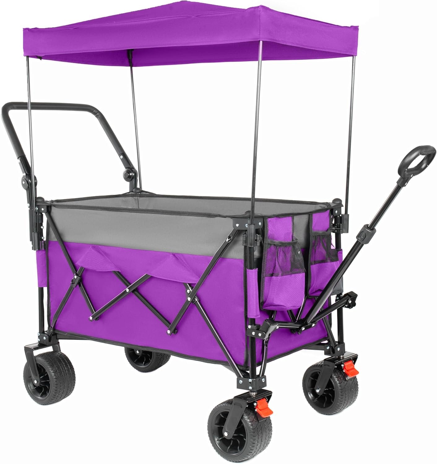 3 in 1 Collapsible Wagon with Removable Canopy, Heavy Duty Utility Outdoor Foldable Carts with All Terrain Wheels, Adjustable Handle for Beach, Camping, Garden, 480LBS/300L, Purple