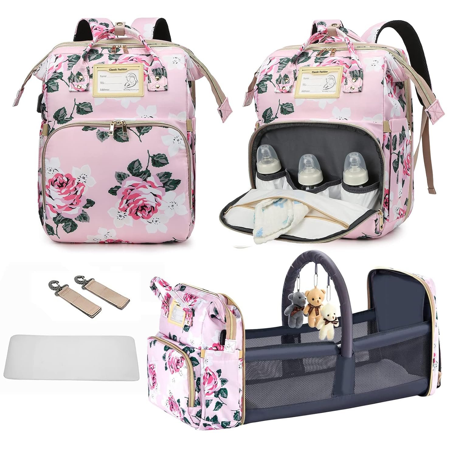 GurZinn Diaper Bag Backpack with Changing Station, Foldable for Bady Toddler, 3 in 1 Large Capacity Newborn Essentials Organizer with Stroller Hook for Girls and Boys（Pink）