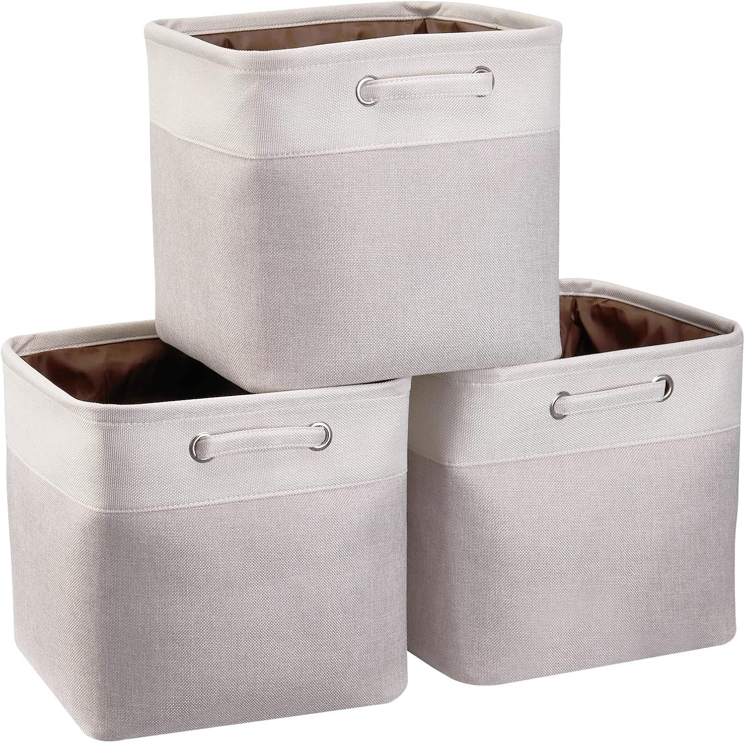 3 Pack 13x13x13 Storage Cube Bins with Handles, Beige Fabric Storage Baskets Heavy Duty Foldable – Cloth Organizer Bins for Closet, Shelf, Office (13 Inch Cube Storage Bins)